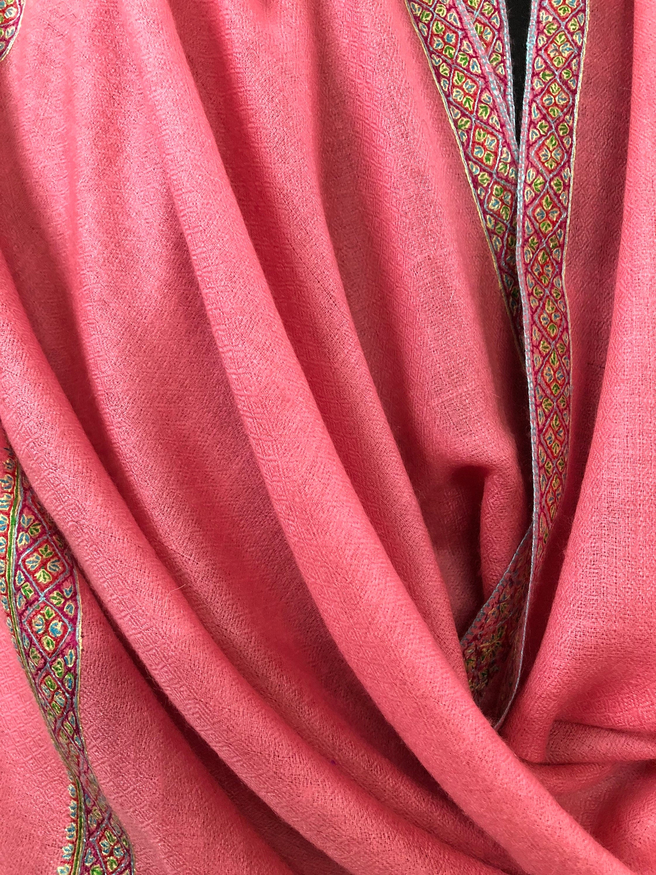 Cashmere Strawberry Pink Sozni Hand Embroidered Border Handwoven Real Cashmere Pashmina Stole Scarf Shawl - Mehraj Crafts 