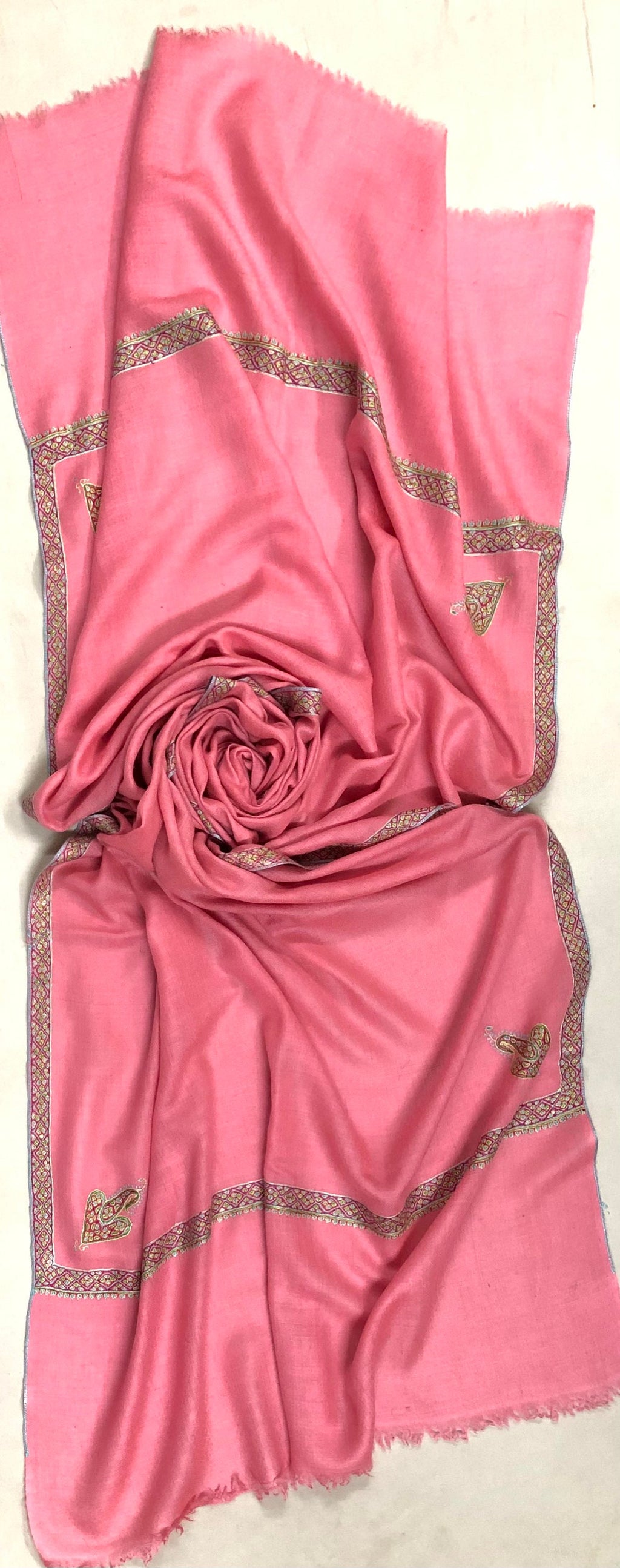 Cashmere Strawberry Pink Sozni Hand Embroidered Border Handwoven Real Cashmere Pashmina Stole Scarf Shawl - Mehraj Crafts 