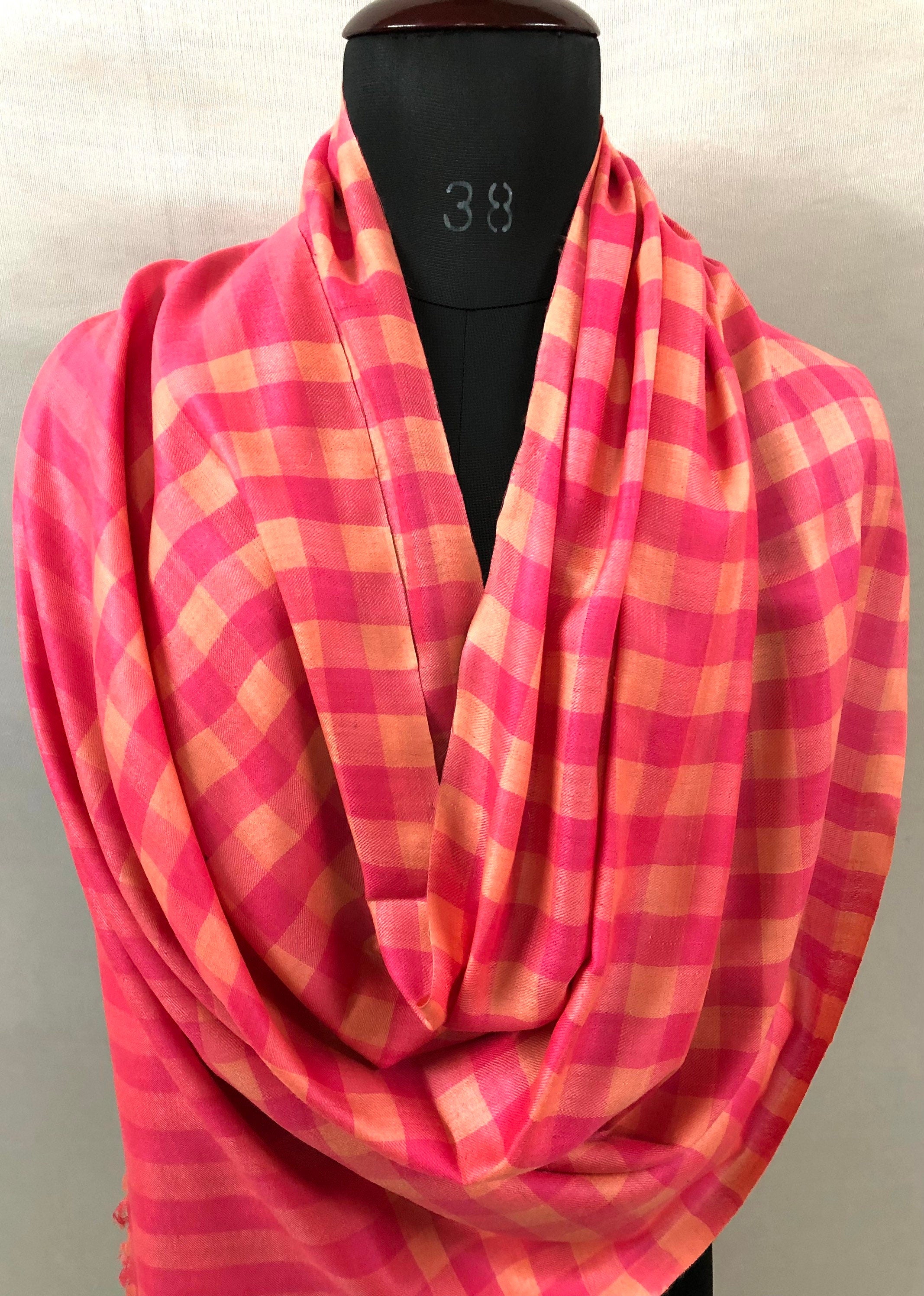 Boxing day Paradise Pink Checkered Pattern Handwoven Real Cashmere Pashmina Stole Scarf - Mehraj Crafts 