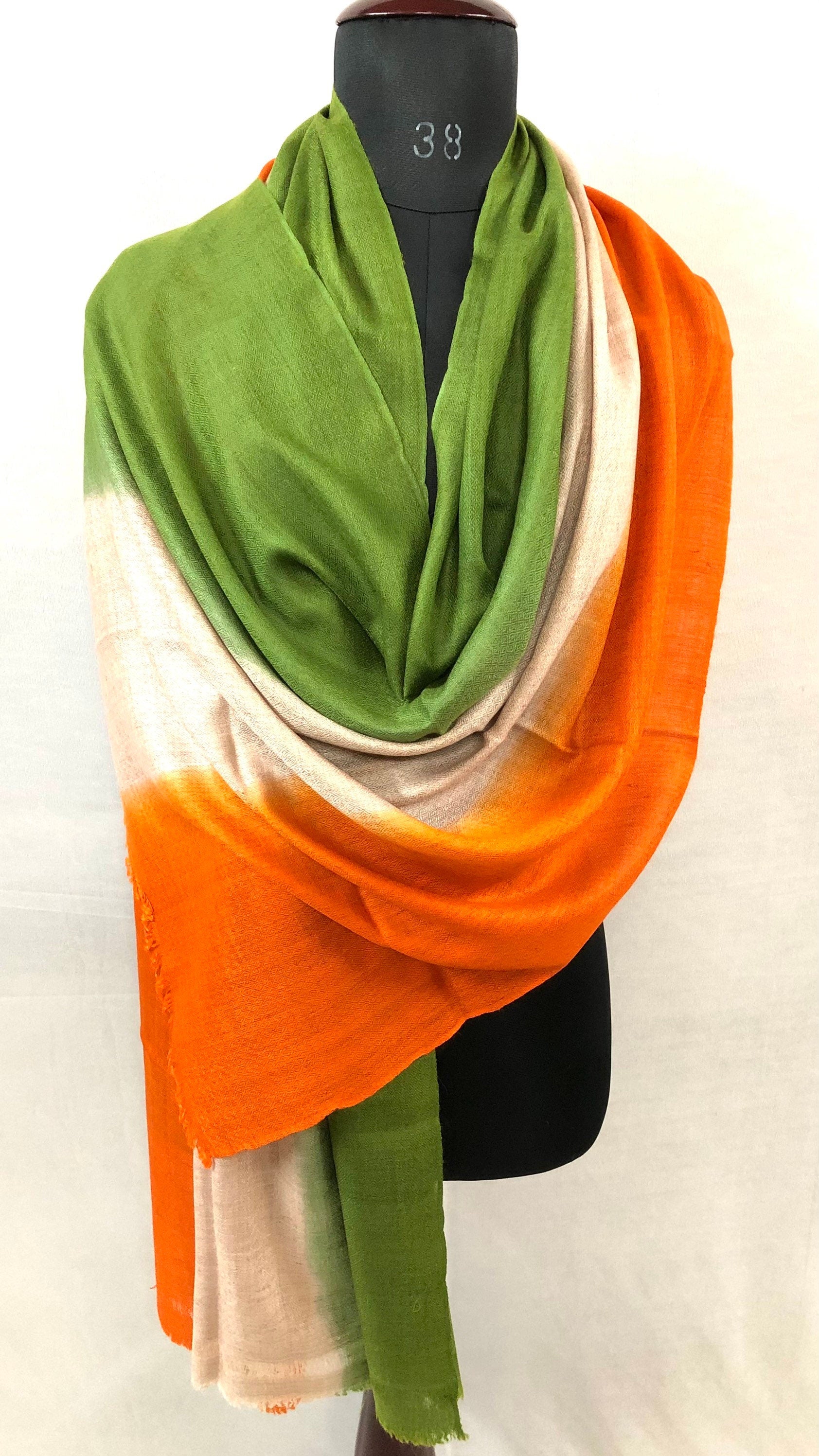 Calla Green Natural and Golden Poppy Ombré Dyed Handwoven Real Cashmere Pashmina Stole Scarf - Mehraj Crafts 