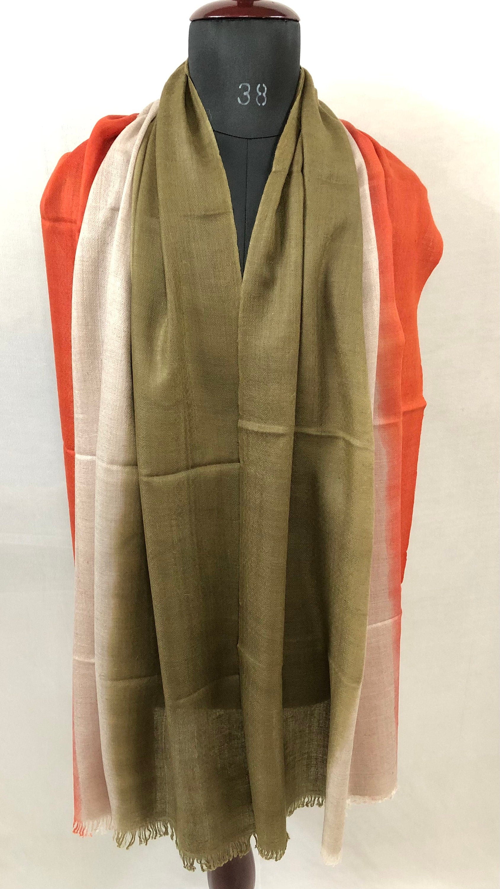 Handwoven Cashmere Pashmina Scarf: Ombré Dyed Stole, Olive Green & Orange