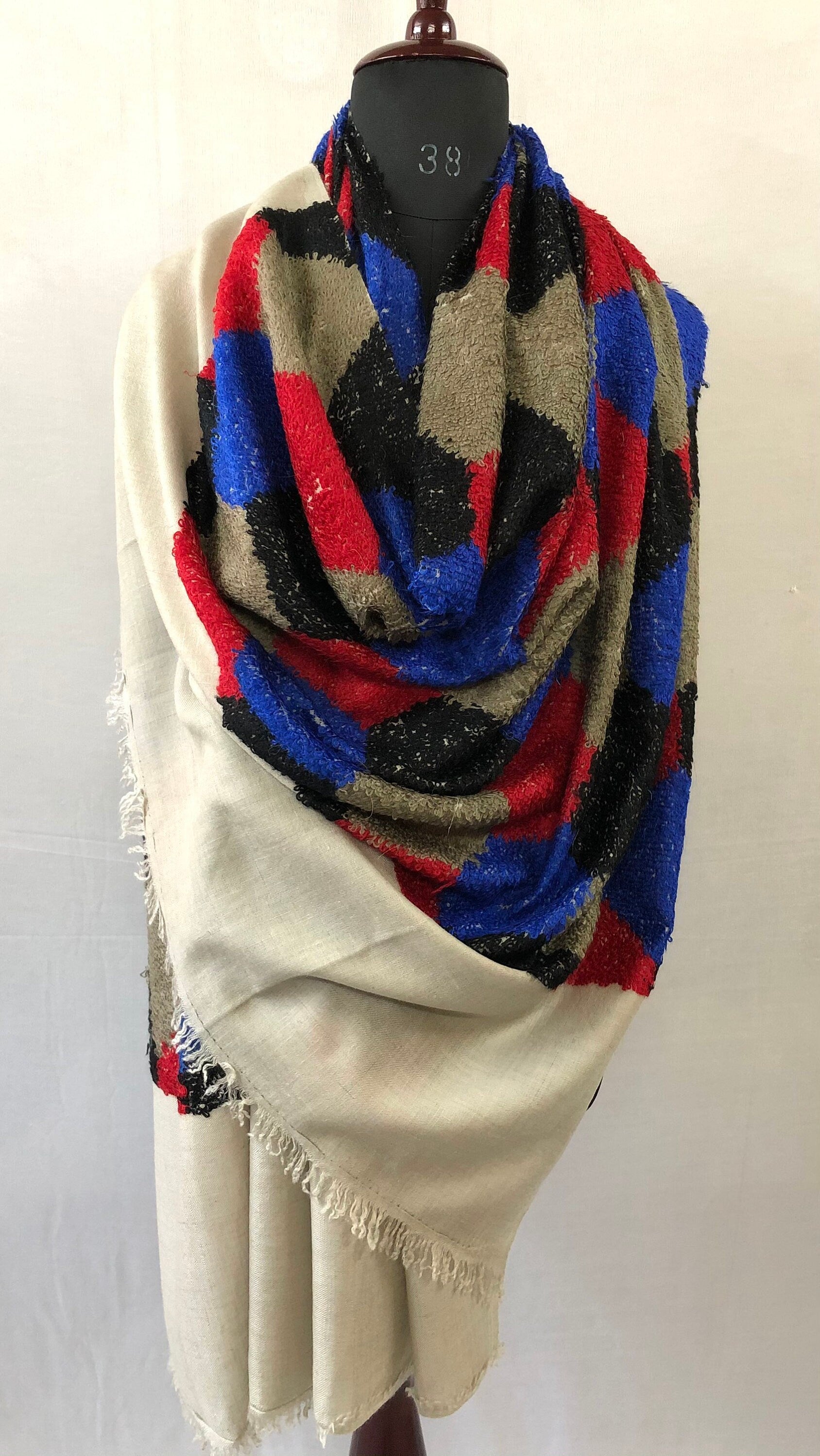 Handmade Simple Hexagon Geometric Design Handwoven Towel Weave Real Ladakhi Cashmere Pashmina Wrap Shawl - Mehraj Crafts 