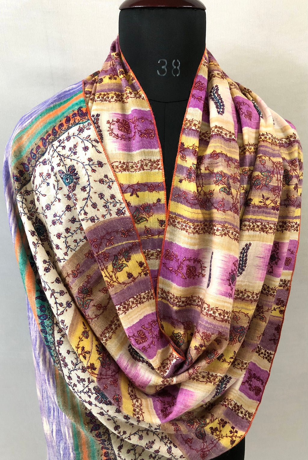 Pale Iris Ikkat Weave Pattern Sozni Embroidered Handmade Real Cashmere Pashmina Stole - Mehraj Crafts 