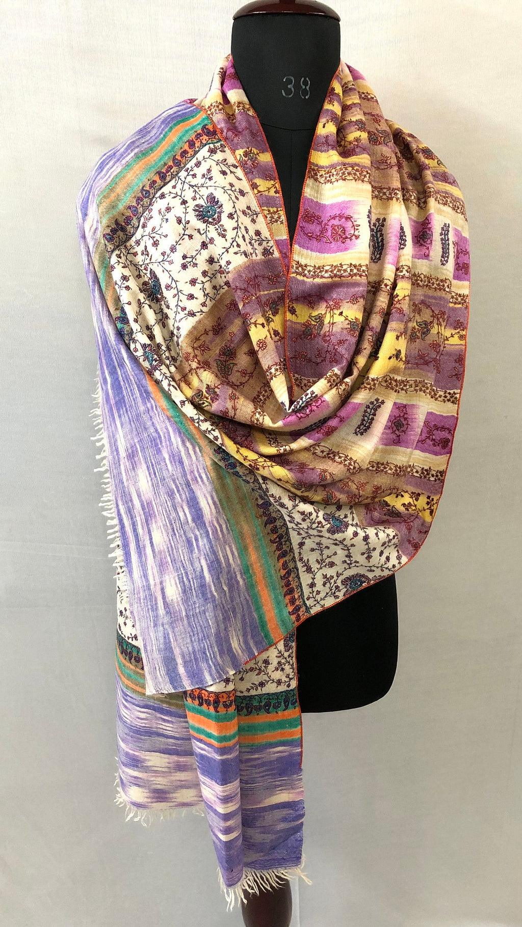 Pale Iris Ikkat Weave Pattern Sozni Embroidered Handmade Real Cashmere Pashmina Stole - Mehraj Crafts 