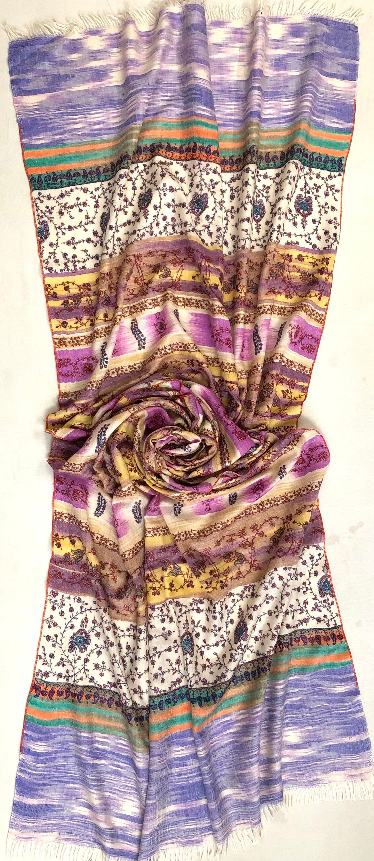 Pale Iris Ikkat Weave Pattern Sozni Embroidered Handmade Real Cashmere Pashmina Stole - Mehraj Crafts 