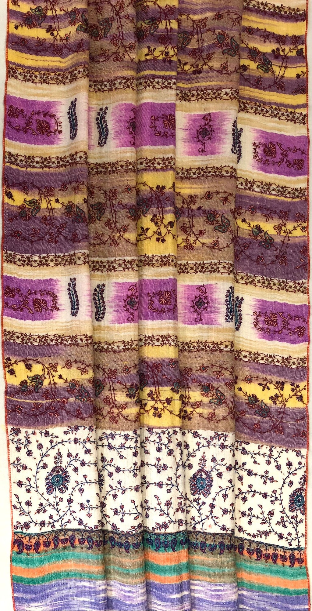 Pale Iris Ikkat Weave Pattern Sozni Embroidered Handmade Real Cashmere Pashmina Stole - Mehraj Crafts 