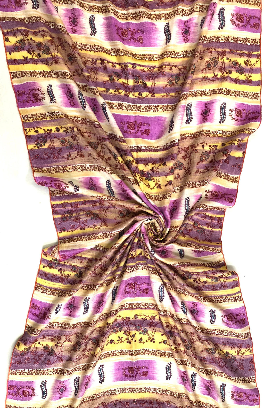 Pale Iris Ikkat Weave Pattern Sozni Embroidered Handmade Real Cashmere Pashmina Stole - Mehraj Crafts 