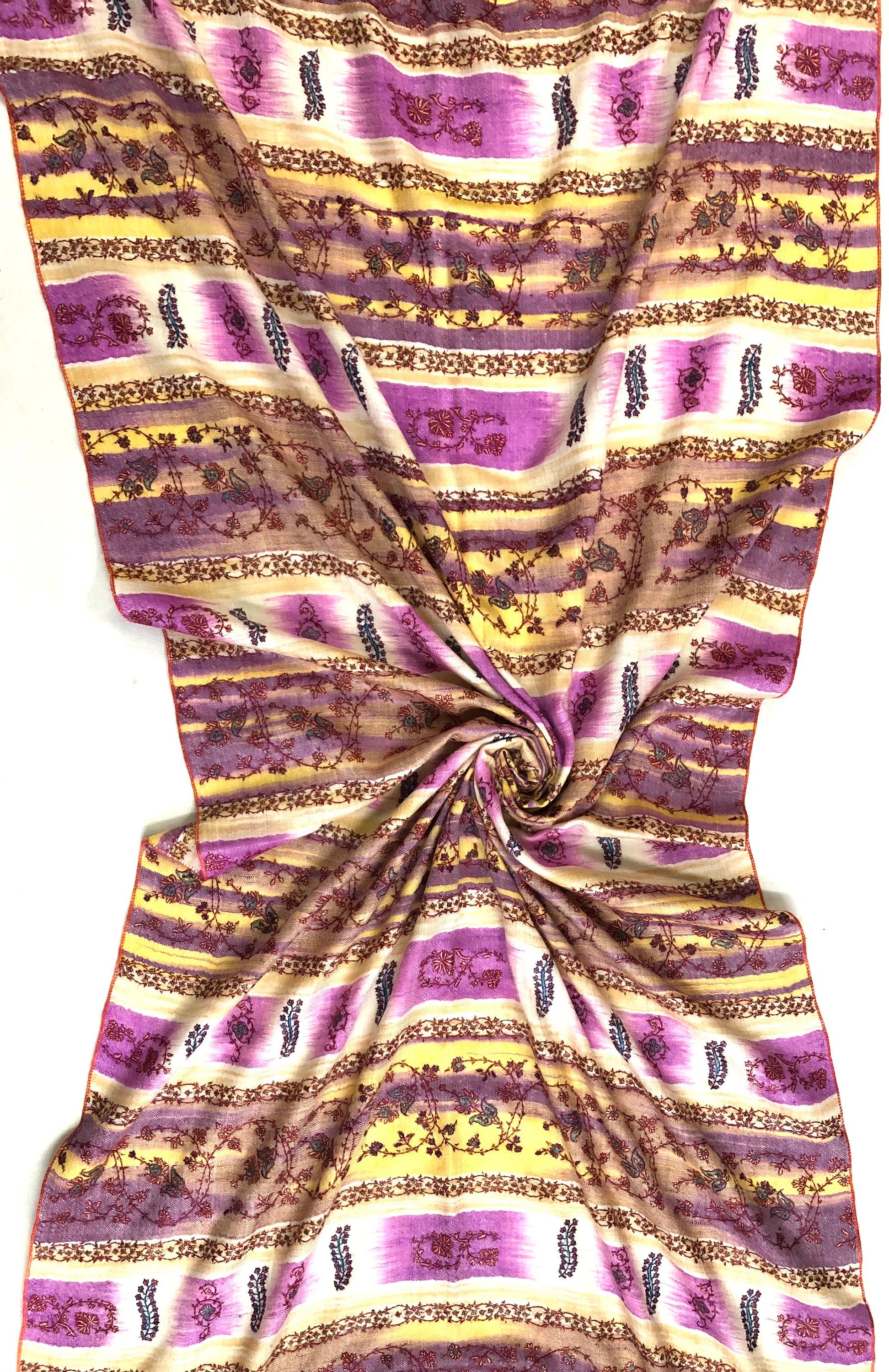 Pale Iris Ikkat Weave Pattern Sozni Embroidered Handmade Real Cashmere Pashmina Stole - Mehraj Crafts 