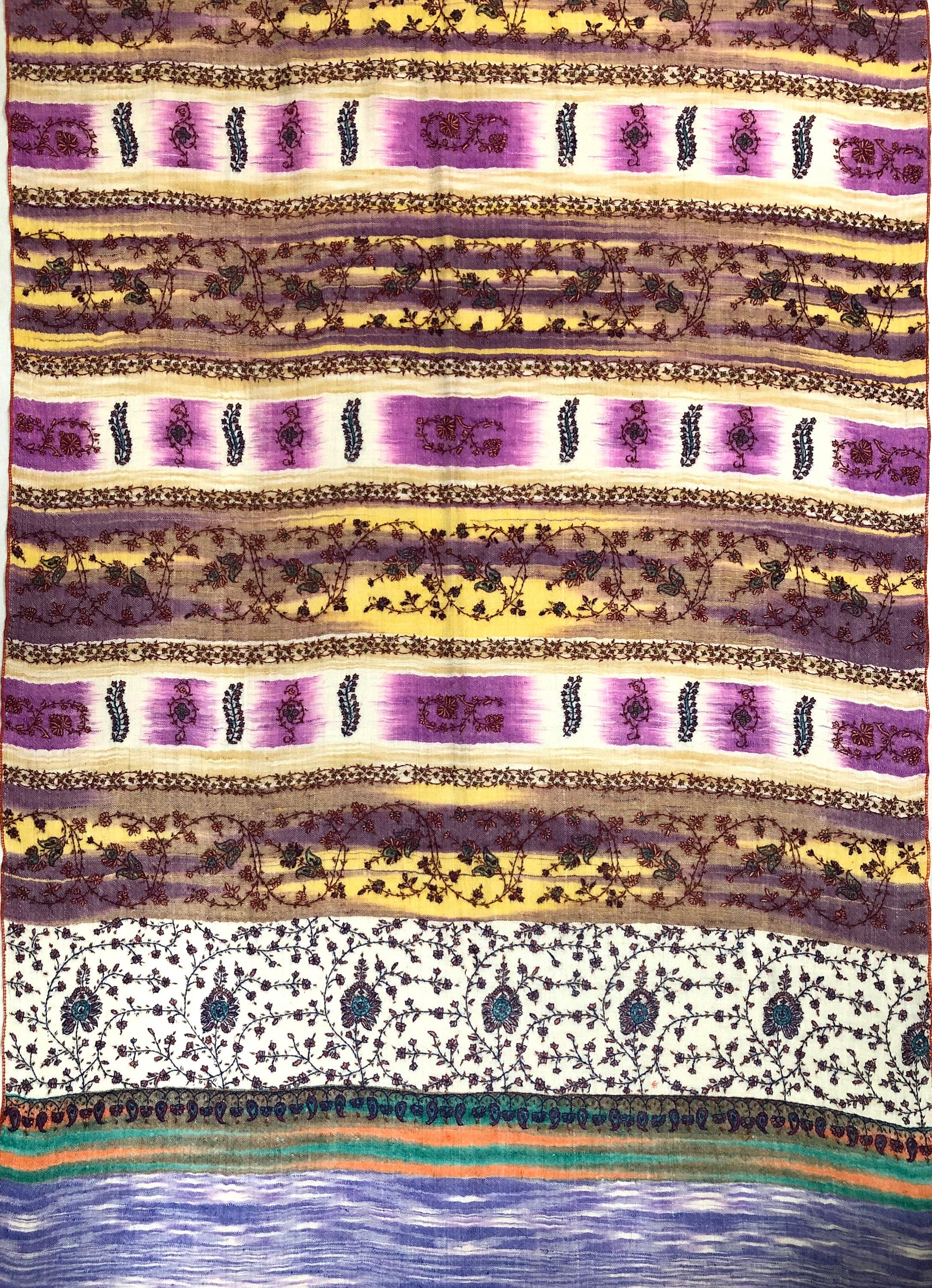 Pale Iris Ikkat Weave Pattern Sozni Embroidered Handmade Real Cashmere Pashmina Stole - Mehraj Crafts 