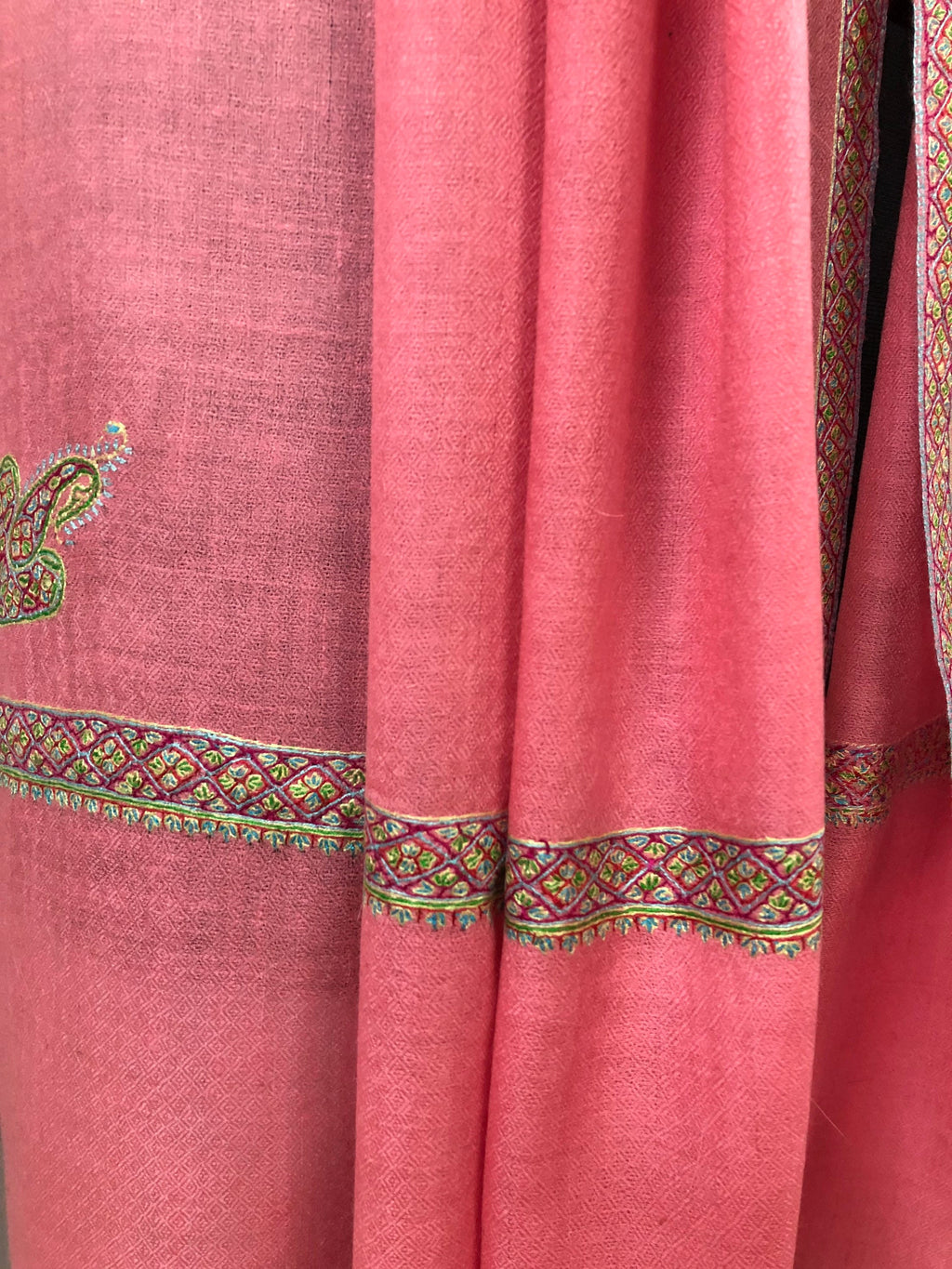 Cashmere Strawberry Pink Sozni Hand Embroidered Border Handwoven Real Cashmere Pashmina Stole Scarf Shawl - Mehraj Crafts 