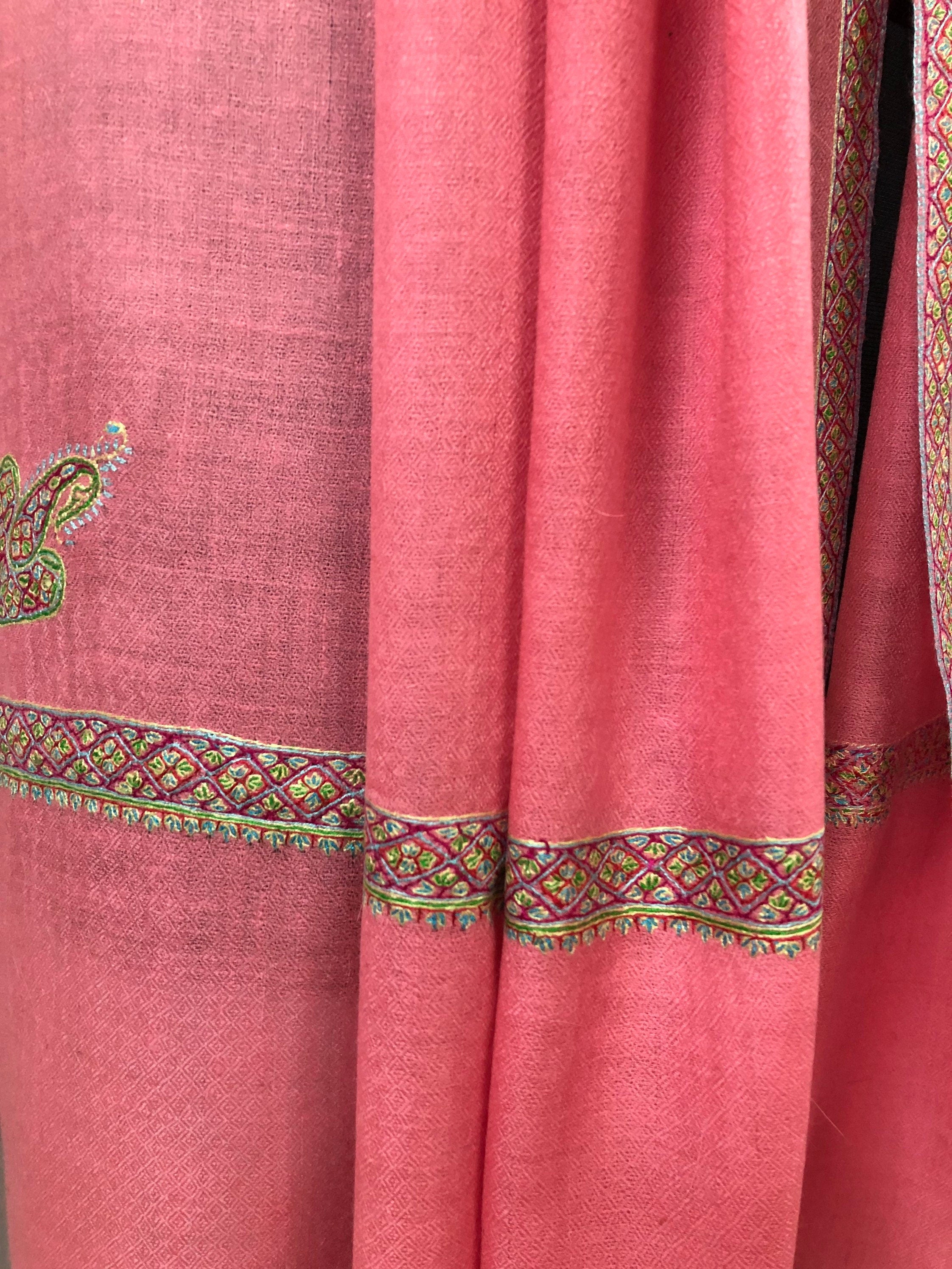 Cashmere Strawberry Pink Sozni Hand Embroidered Border Handwoven Real Cashmere Pashmina Stole Scarf Shawl - Mehraj Crafts 