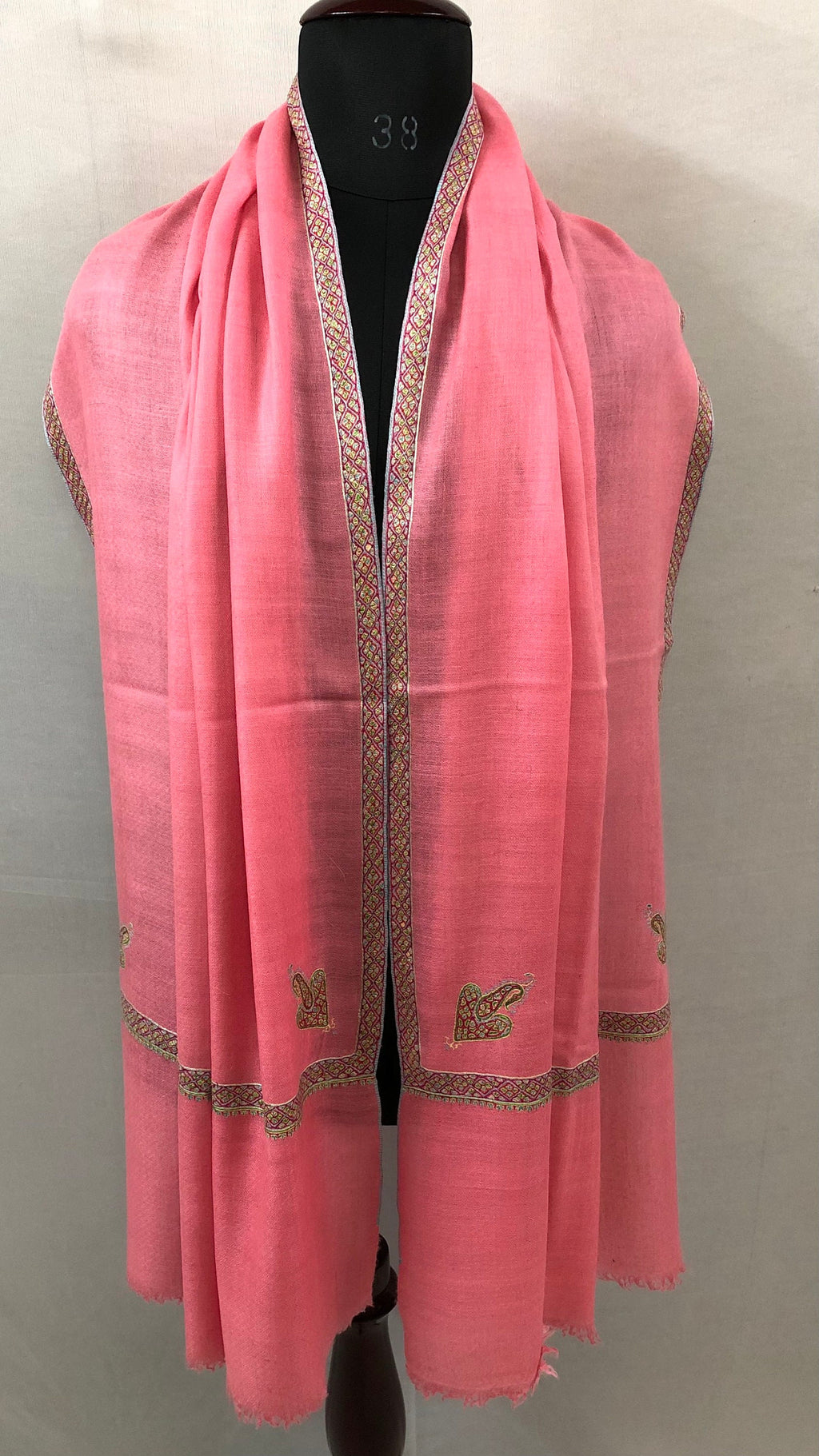 Cashmere Strawberry Pink Sozni Hand Embroidered Border Handwoven Real Cashmere Pashmina Stole Scarf Shawl - Mehraj Crafts 