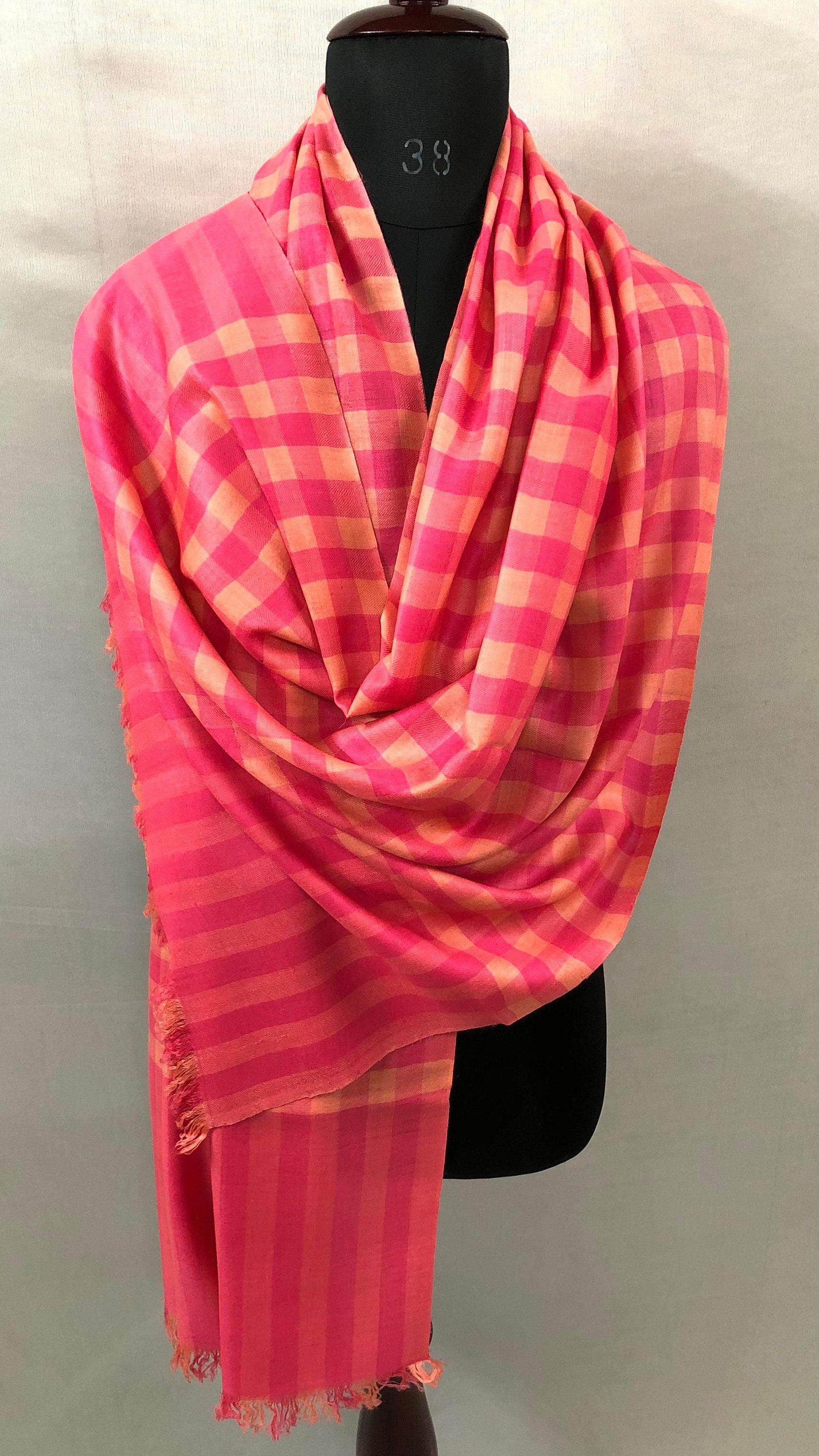 Boxing day Paradise Pink Checkered Pattern Handwoven Real Cashmere Pashmina Stole Scarf - Mehraj Crafts 