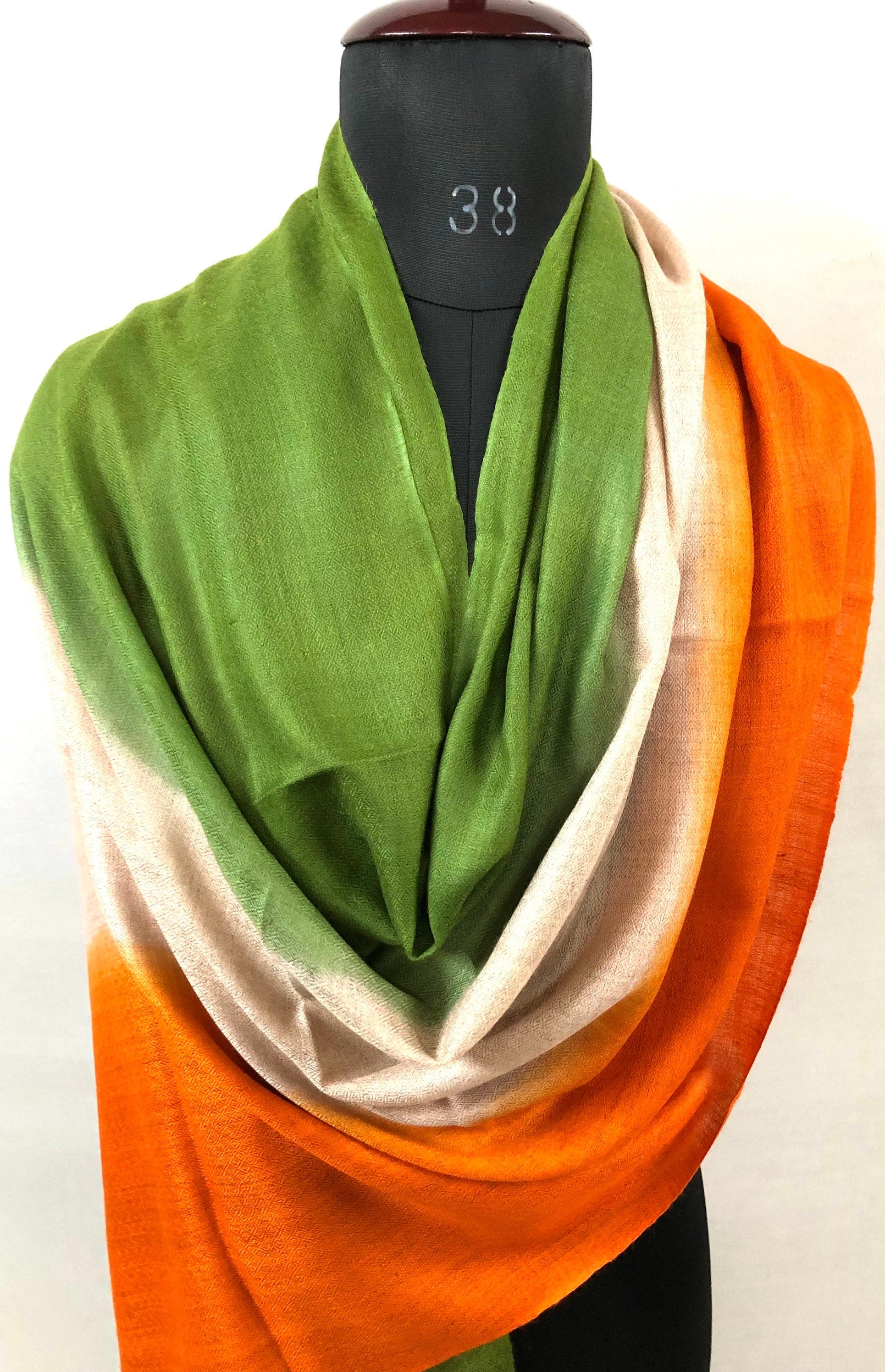 Calla Green Natural and Golden Poppy Ombré Dyed Handwoven Real Cashmere Pashmina Stole Scarf - Mehraj Crafts 