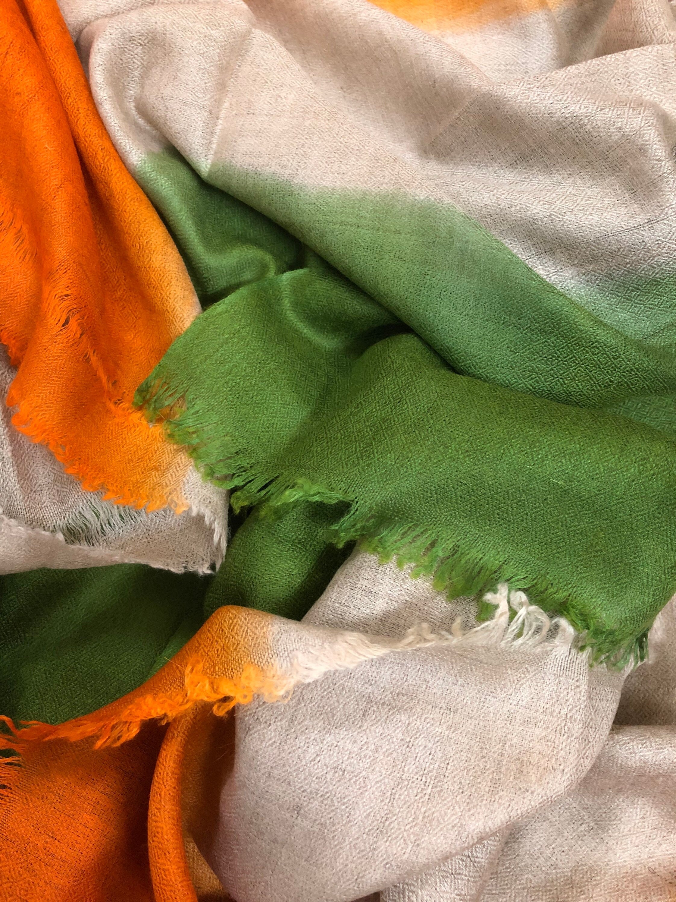 Calla Green Natural and Golden Poppy Ombré Dyed Handwoven Real Cashmere Pashmina Stole Scarf - Mehraj Crafts 