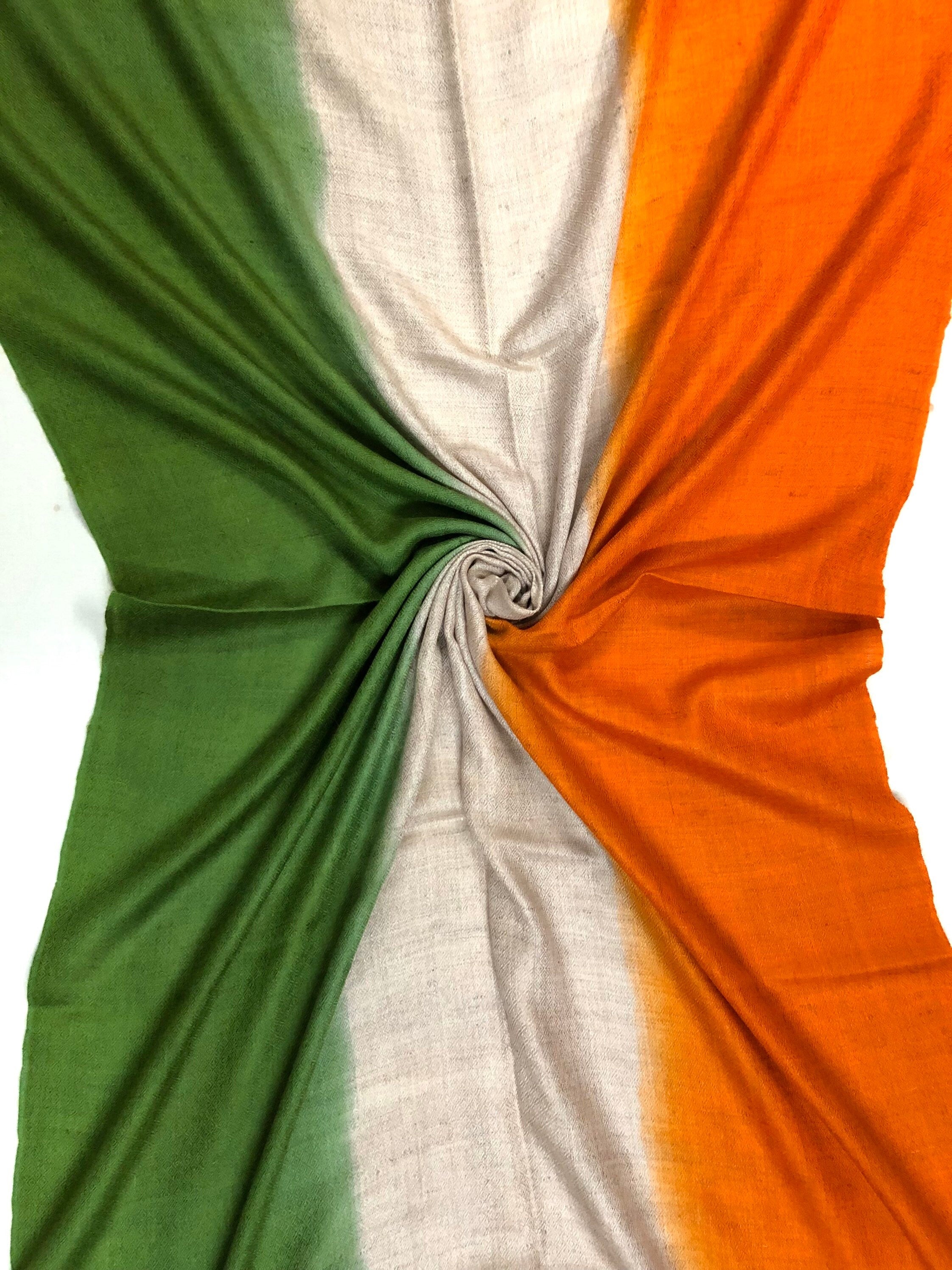 Calla Green Natural and Golden Poppy Ombré Dyed Handwoven Real Cashmere Pashmina Stole Scarf - Mehraj Crafts 