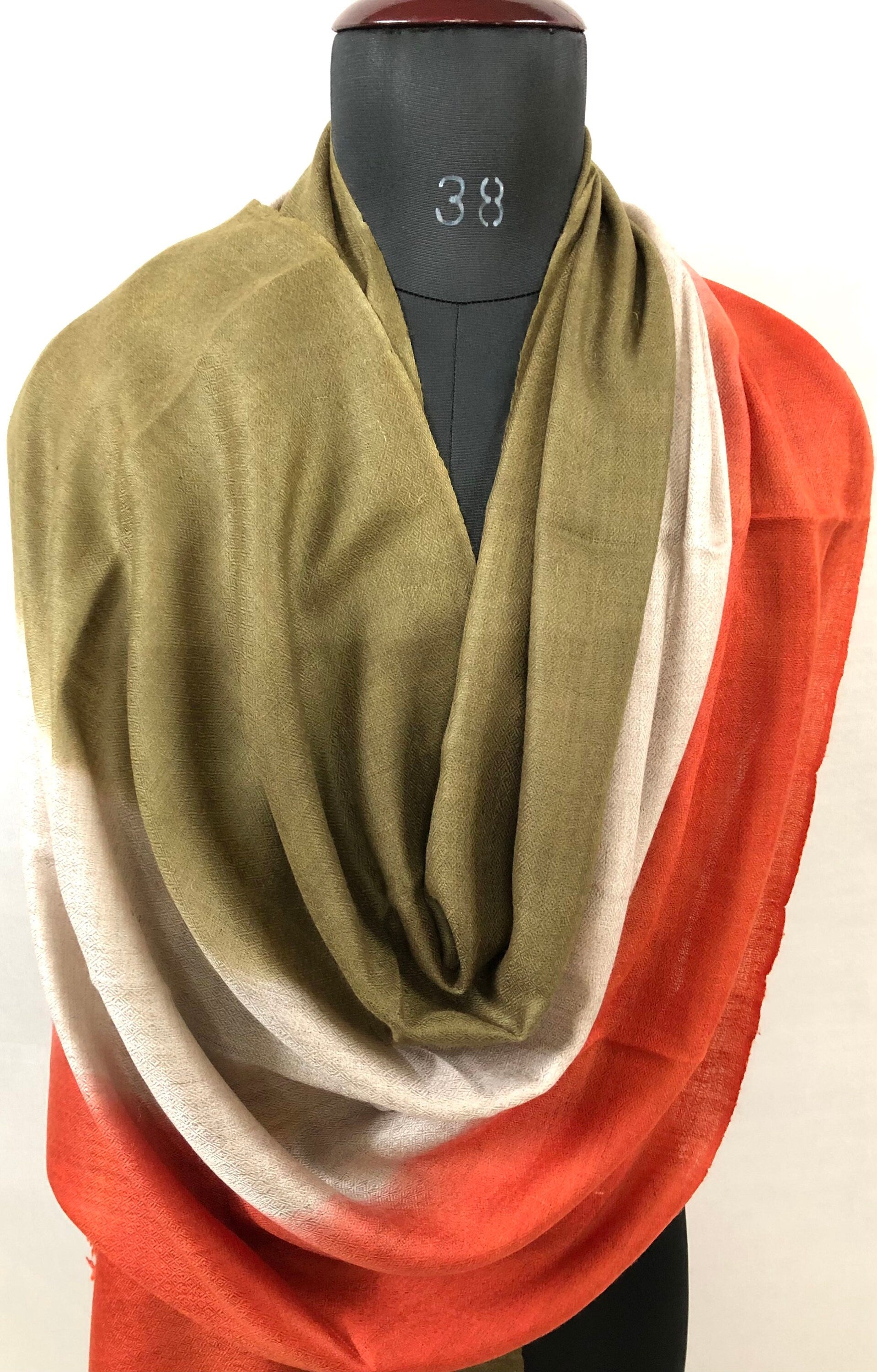 Handwoven Cashmere Pashmina Scarf: Ombré Dyed Stole, Olive Green & Orange