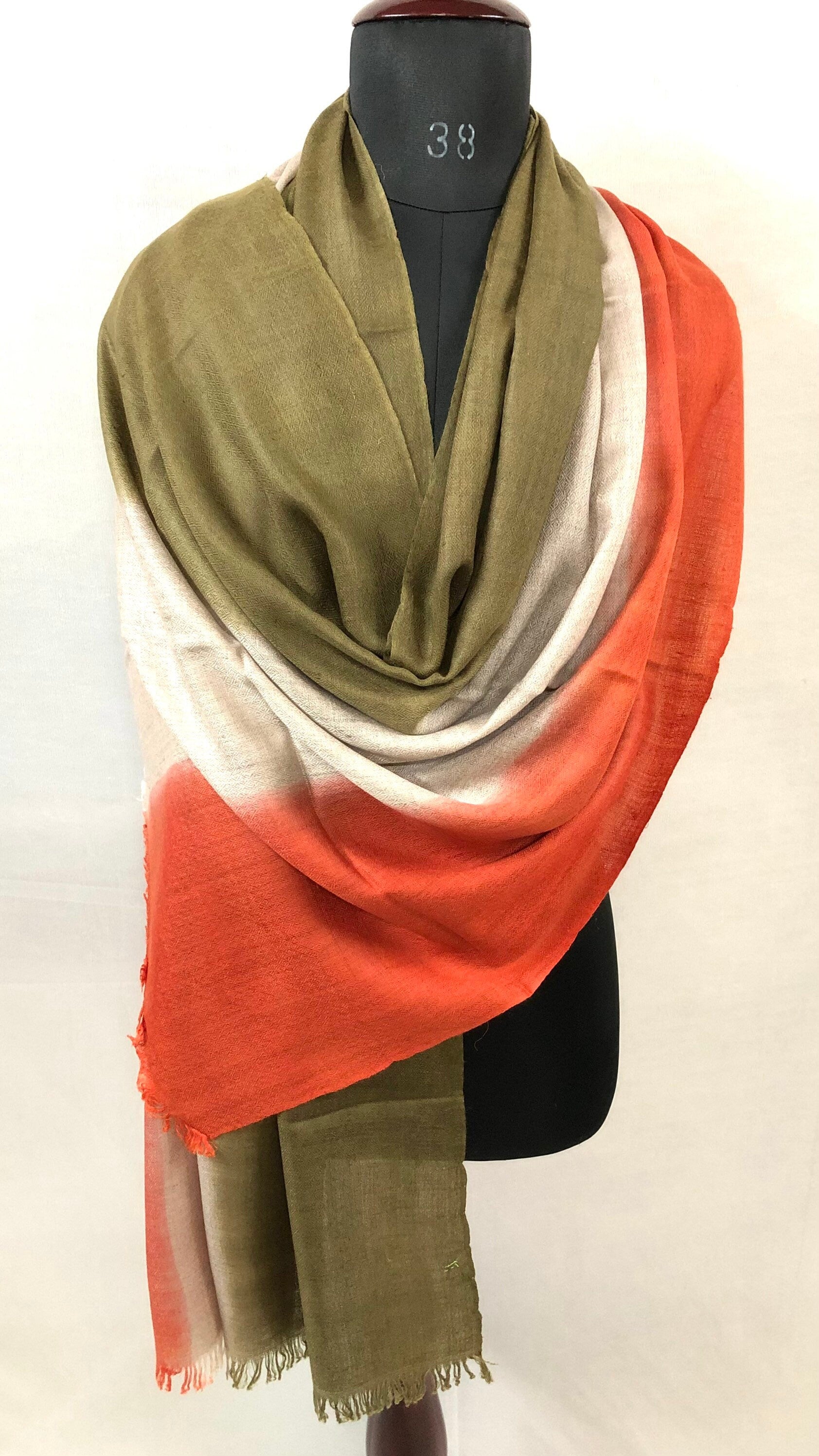 Handwoven Cashmere Pashmina Scarf: Ombré Dyed Stole, Olive Green & Orange