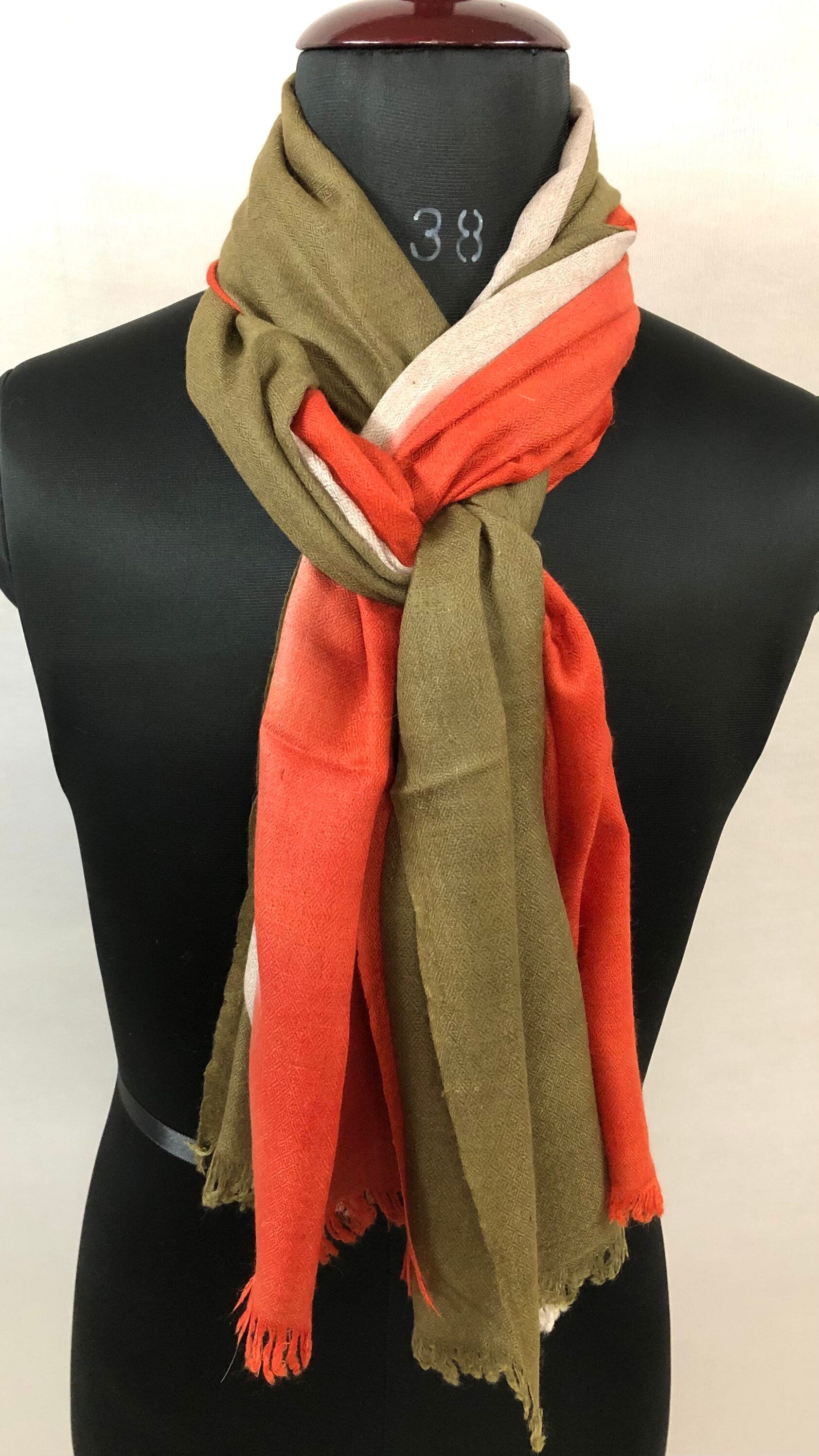 Handwoven Cashmere Pashmina Scarf: Ombré Dyed Stole, Olive Green & Orange