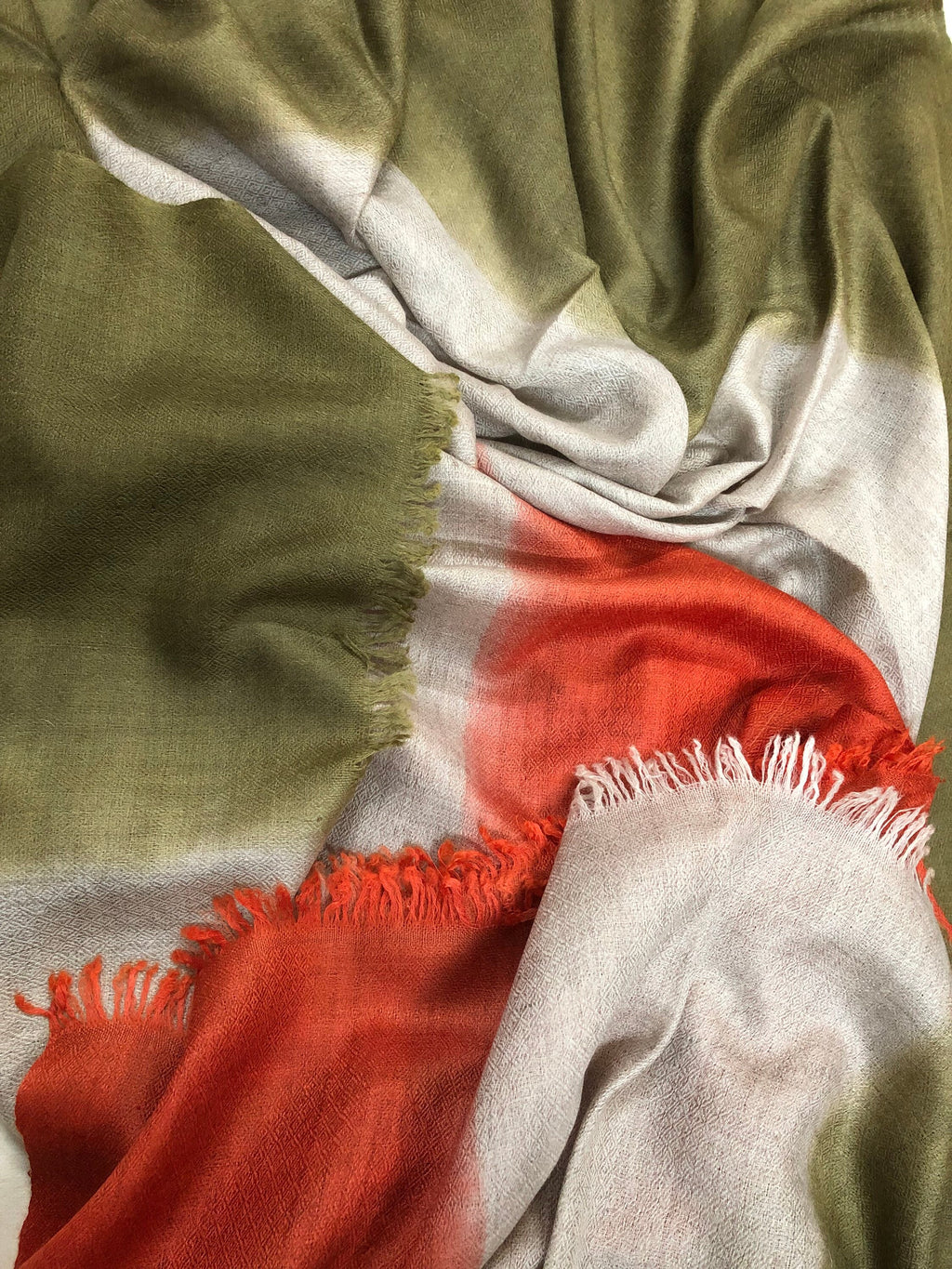 Handwoven Cashmere Pashmina Scarf: Ombré Dyed Stole, Olive Green & Orange