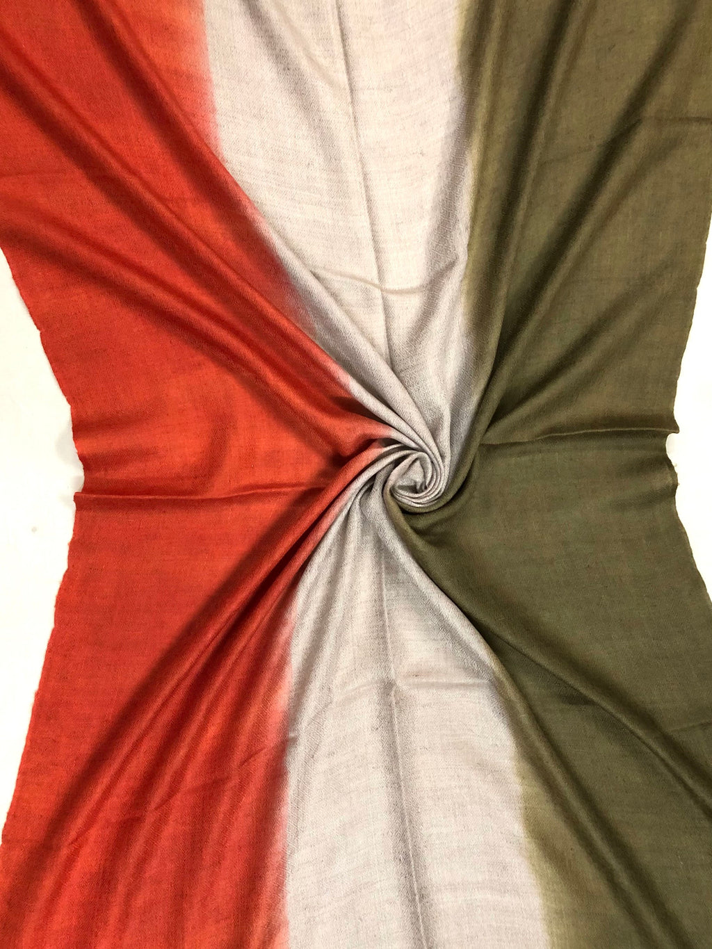 Handwoven Cashmere Pashmina Scarf: Ombré Dyed Stole, Olive Green & Orange