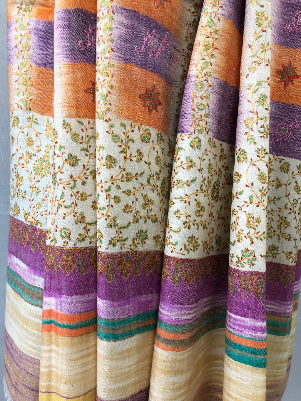 Handcrafted Cashmere Pashmina Stole: Honey Peach Ikkat Sozni Embroidery
