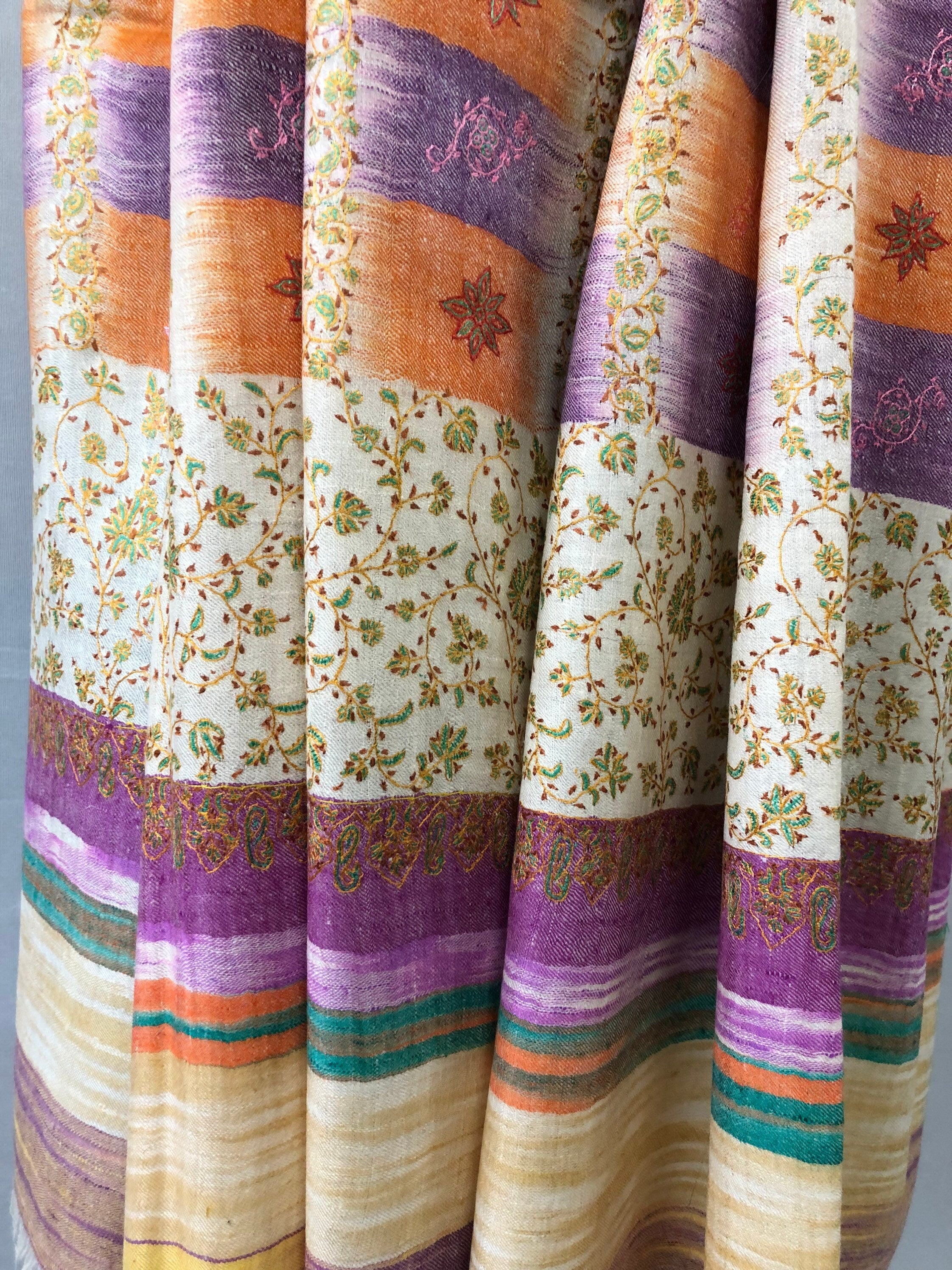 Handcrafted Cashmere Pashmina Stole: Honey Peach Ikkat Sozni Embroidery