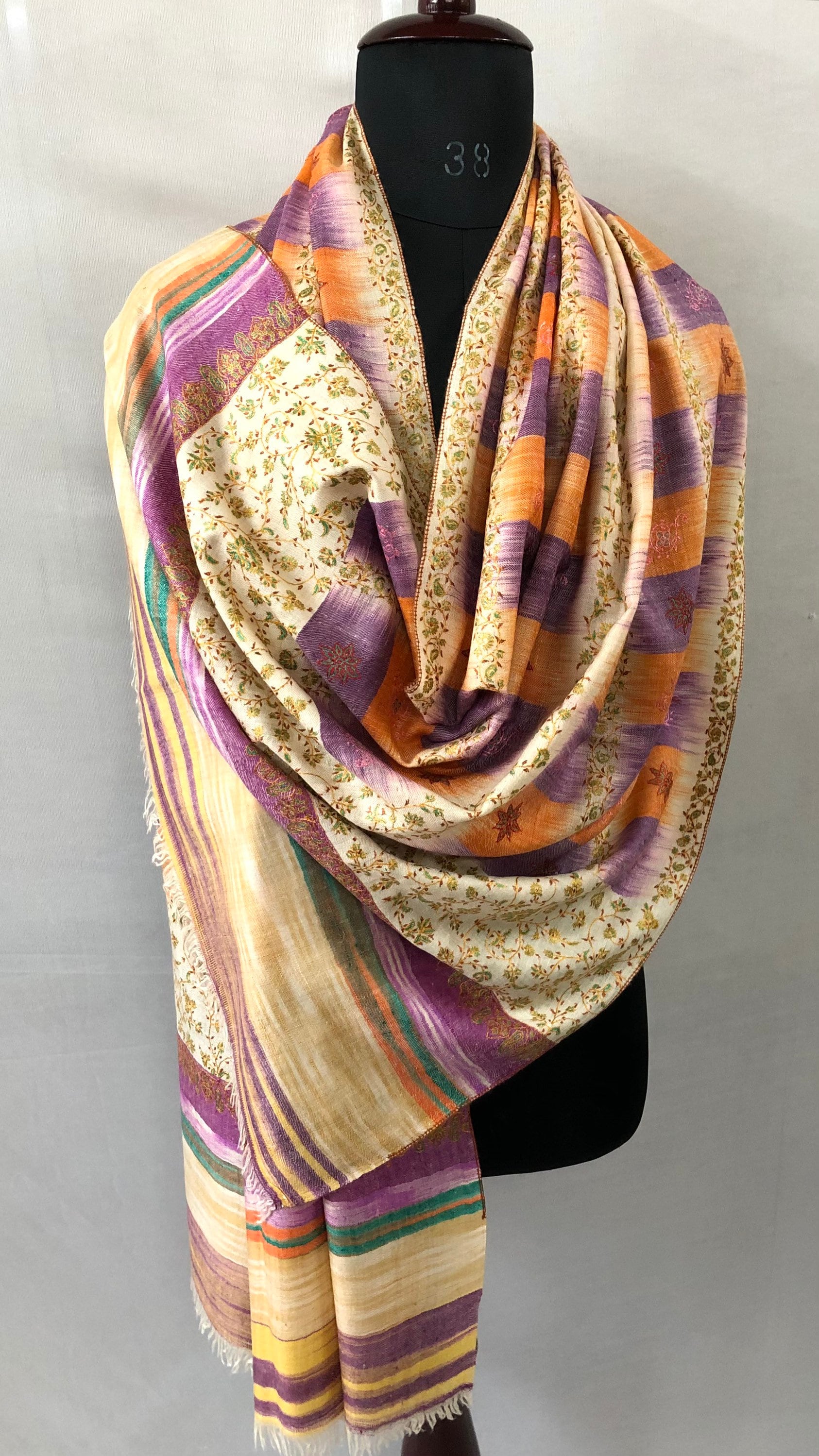 Handcrafted Cashmere Pashmina Stole: Honey Peach Ikkat Sozni Embroidery