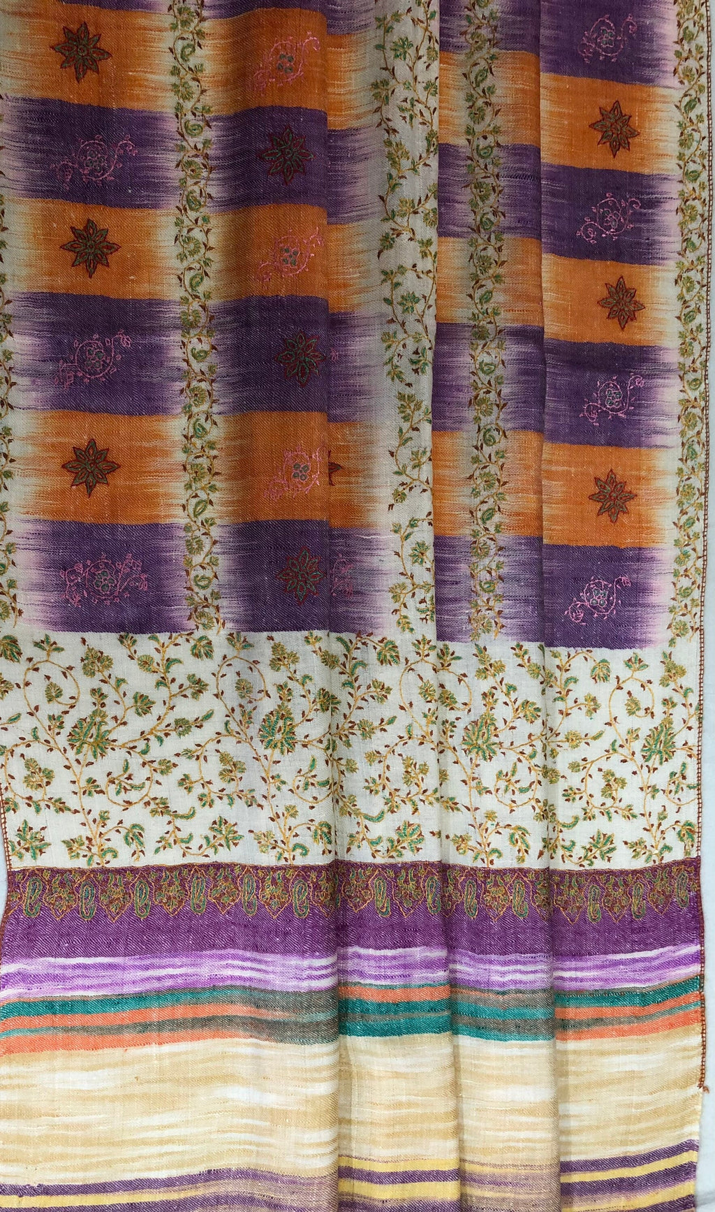 Handcrafted Cashmere Pashmina Stole: Honey Peach Ikkat Sozni Embroidery
