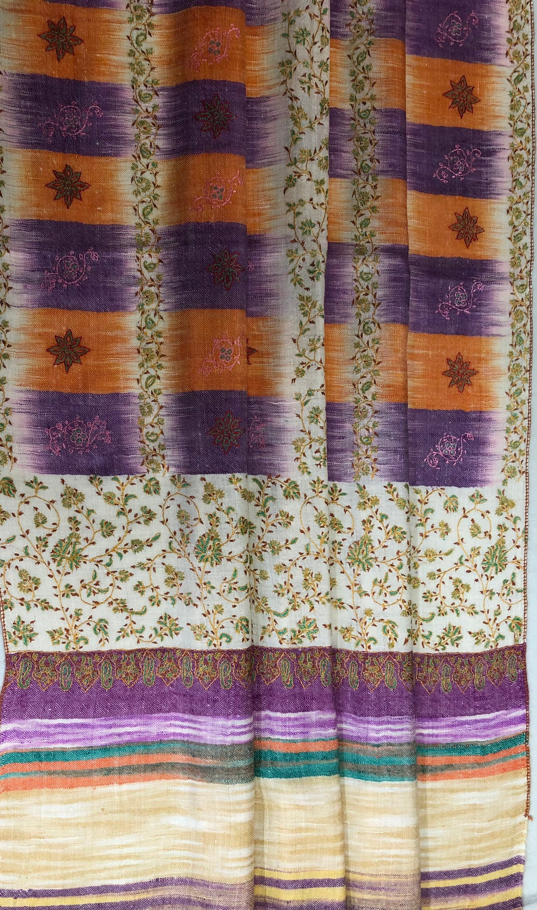 Handcrafted Cashmere Pashmina Stole: Honey Peach Ikkat Sozni Embroidery