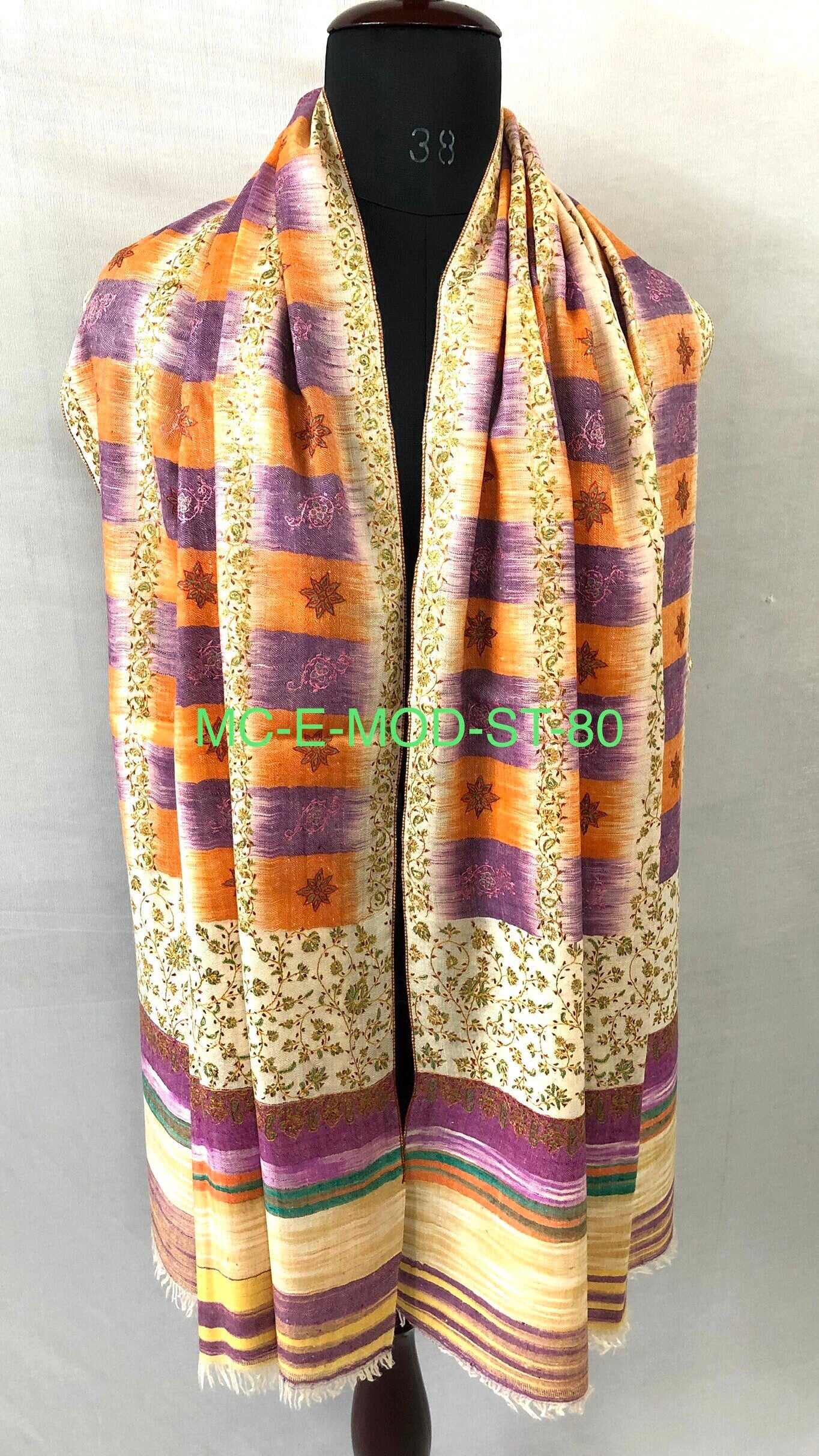 Handcrafted Cashmere Pashmina Stole: Honey Peach Ikkat Sozni Embroidery
