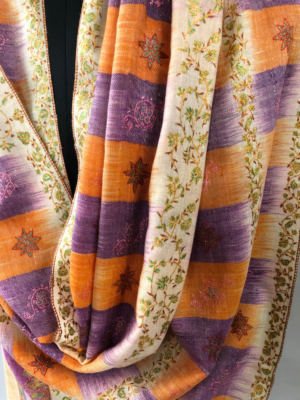 Handcrafted Cashmere Pashmina Stole: Honey Peach Ikkat Sozni Embroidery