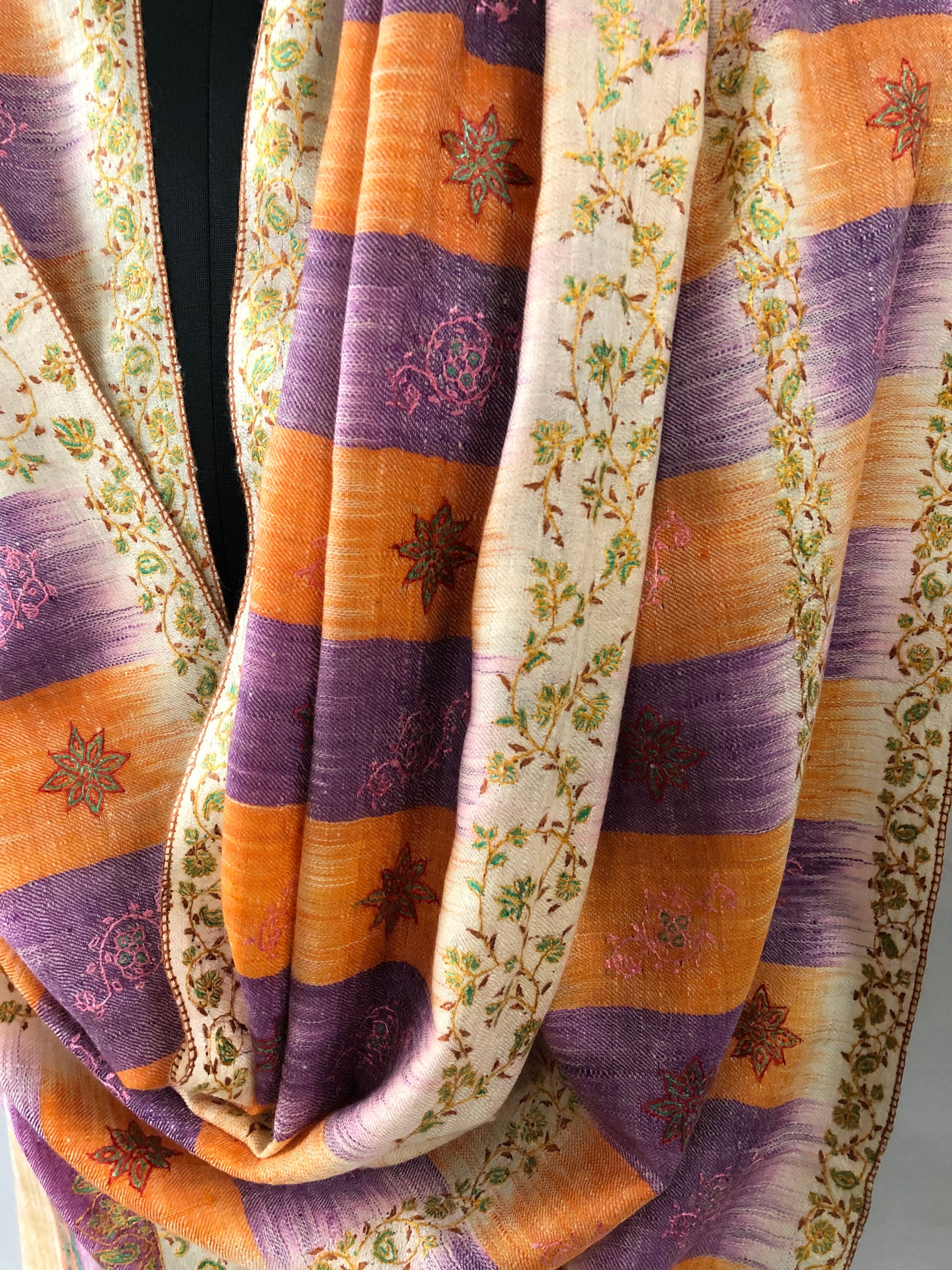 Handcrafted Cashmere Pashmina Stole: Honey Peach Ikkat Sozni Embroidery