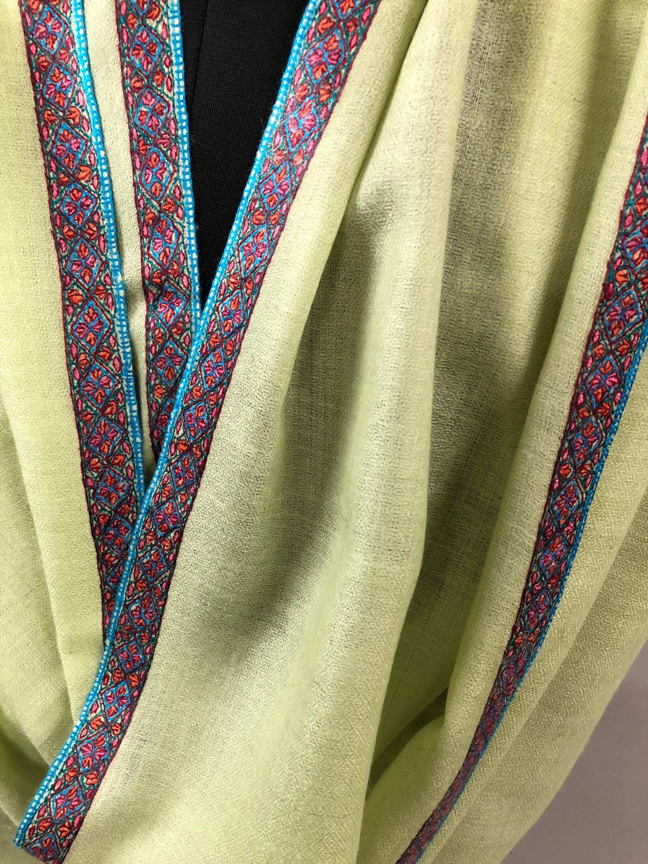 Cashmere Scarf Lime Cream Sozni Hand Embroidered Border Handwoven Real Cashmere Pashmina Stole Scarf Shawl - Mehraj Crafts 