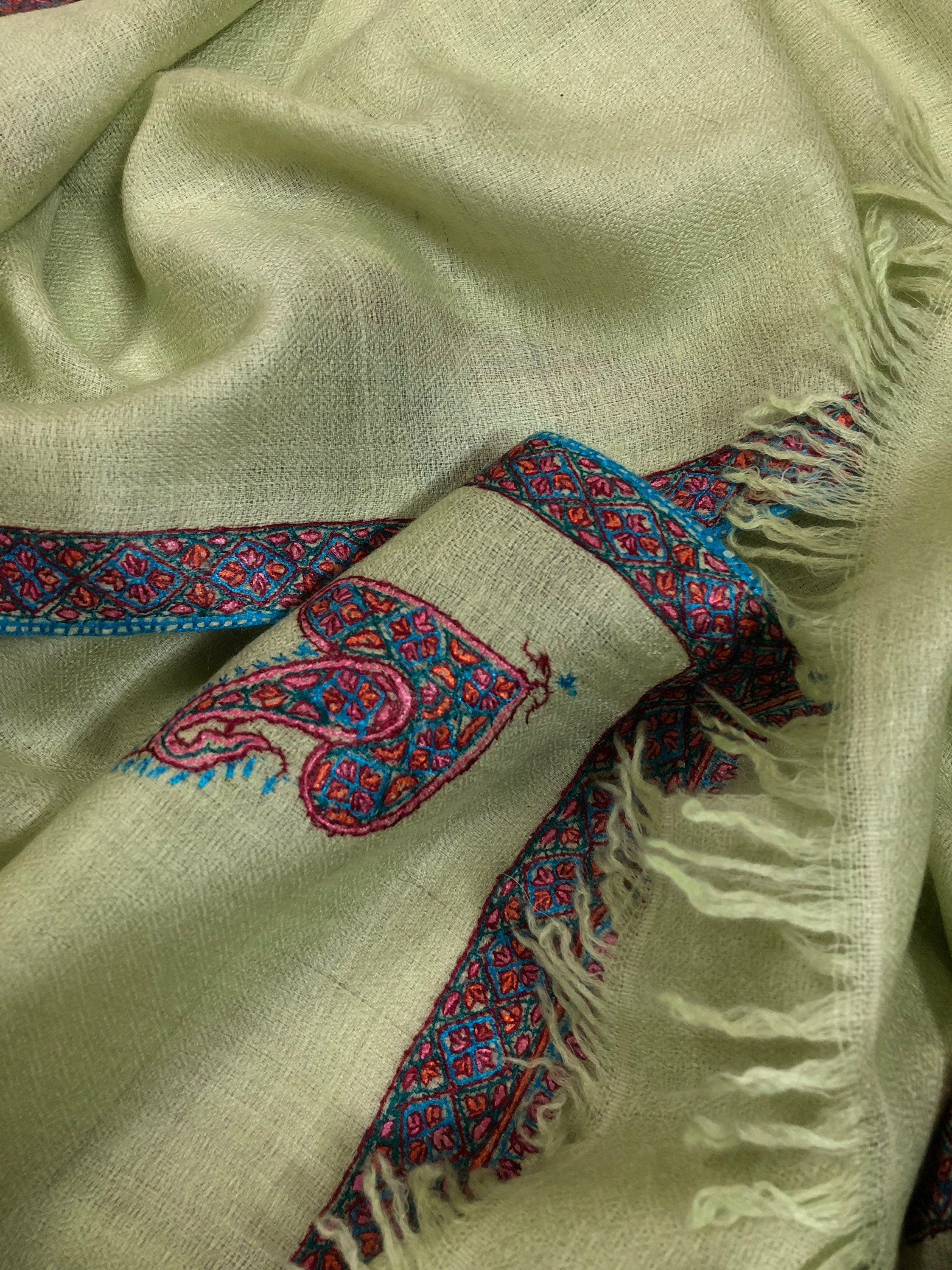 Cashmere Scarf Lime Cream Sozni Hand Embroidered Border Handwoven Real Cashmere Pashmina Stole Scarf Shawl - Mehraj Crafts 