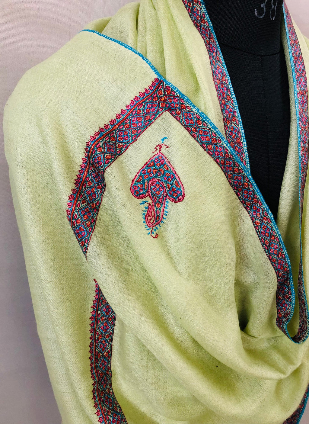 Cashmere Scarf Lime Cream Sozni Hand Embroidered Border Handwoven Real Cashmere Pashmina Stole Scarf Shawl - Mehraj Crafts 