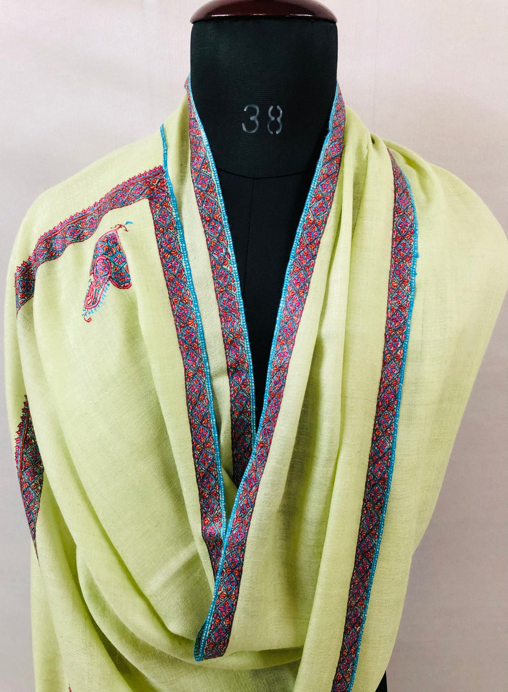 Cashmere Scarf Lime Cream Sozni Hand Embroidered Border Handwoven Real Cashmere Pashmina Stole Scarf Shawl - Mehraj Crafts 
