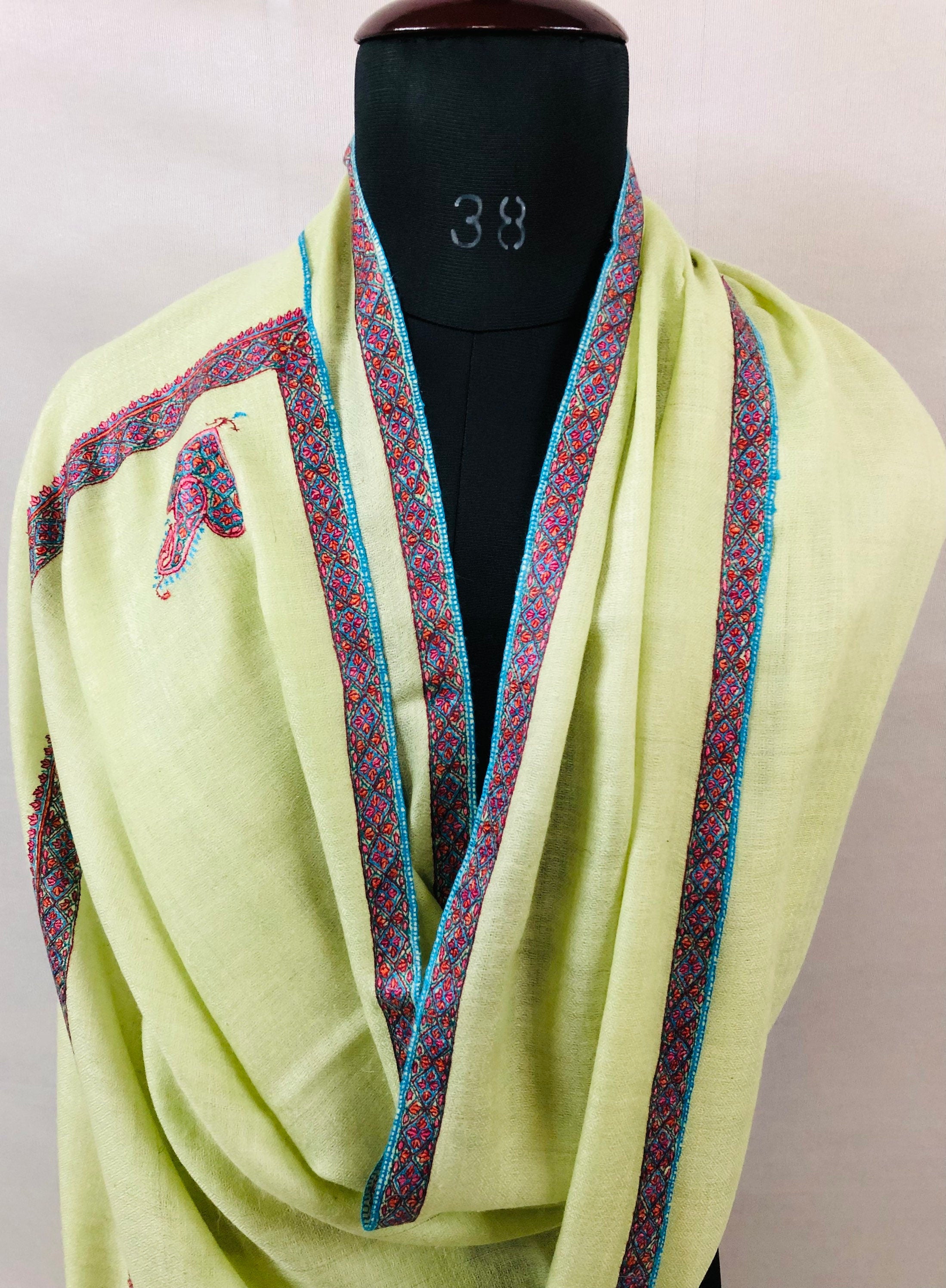 Cashmere Scarf Lime Cream Sozni Hand Embroidered Border Handwoven Real Cashmere Pashmina Stole Scarf Shawl - Mehraj Crafts 