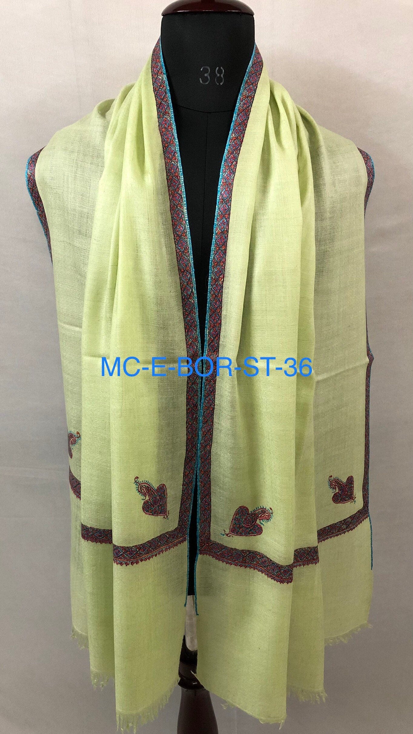 Cashmere Scarf Lime Cream Sozni Hand Embroidered Border Handwoven Real Cashmere Pashmina Stole Scarf Shawl - Mehraj Crafts 