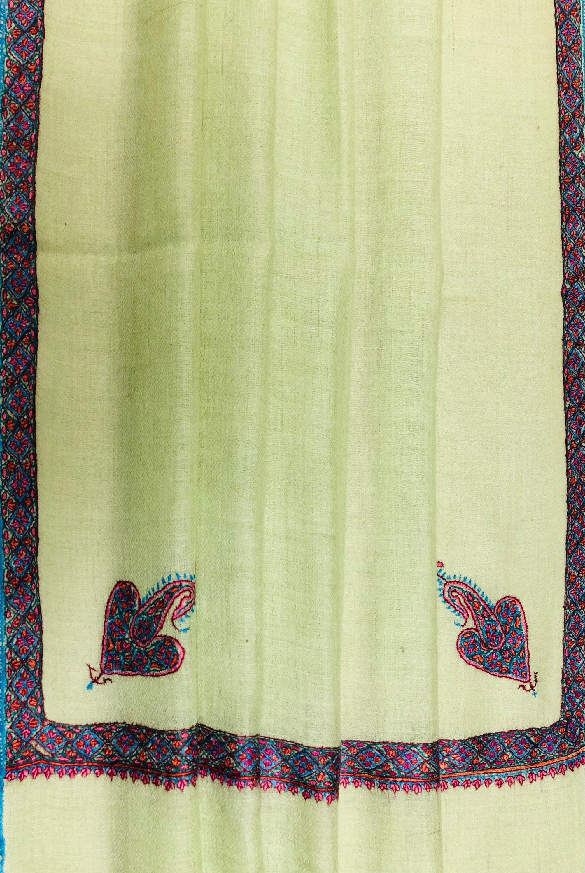 Cashmere Scarf Lime Cream Sozni Hand Embroidered Border Handwoven Real Cashmere Pashmina Stole Scarf Shawl - Mehraj Crafts 