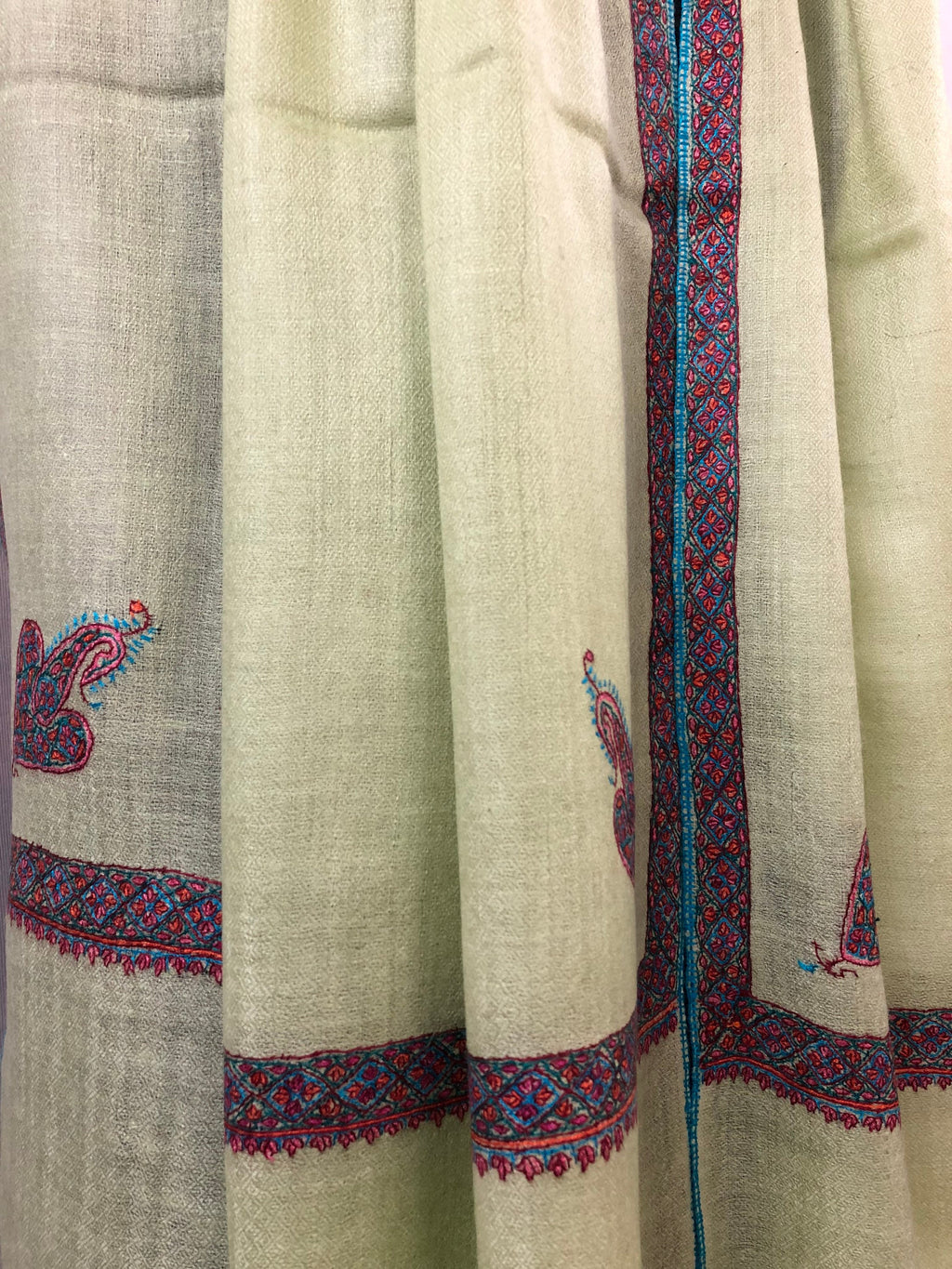 Cashmere Scarf Lime Cream Sozni Hand Embroidered Border Handwoven Real Cashmere Pashmina Stole Scarf Shawl - Mehraj Crafts 