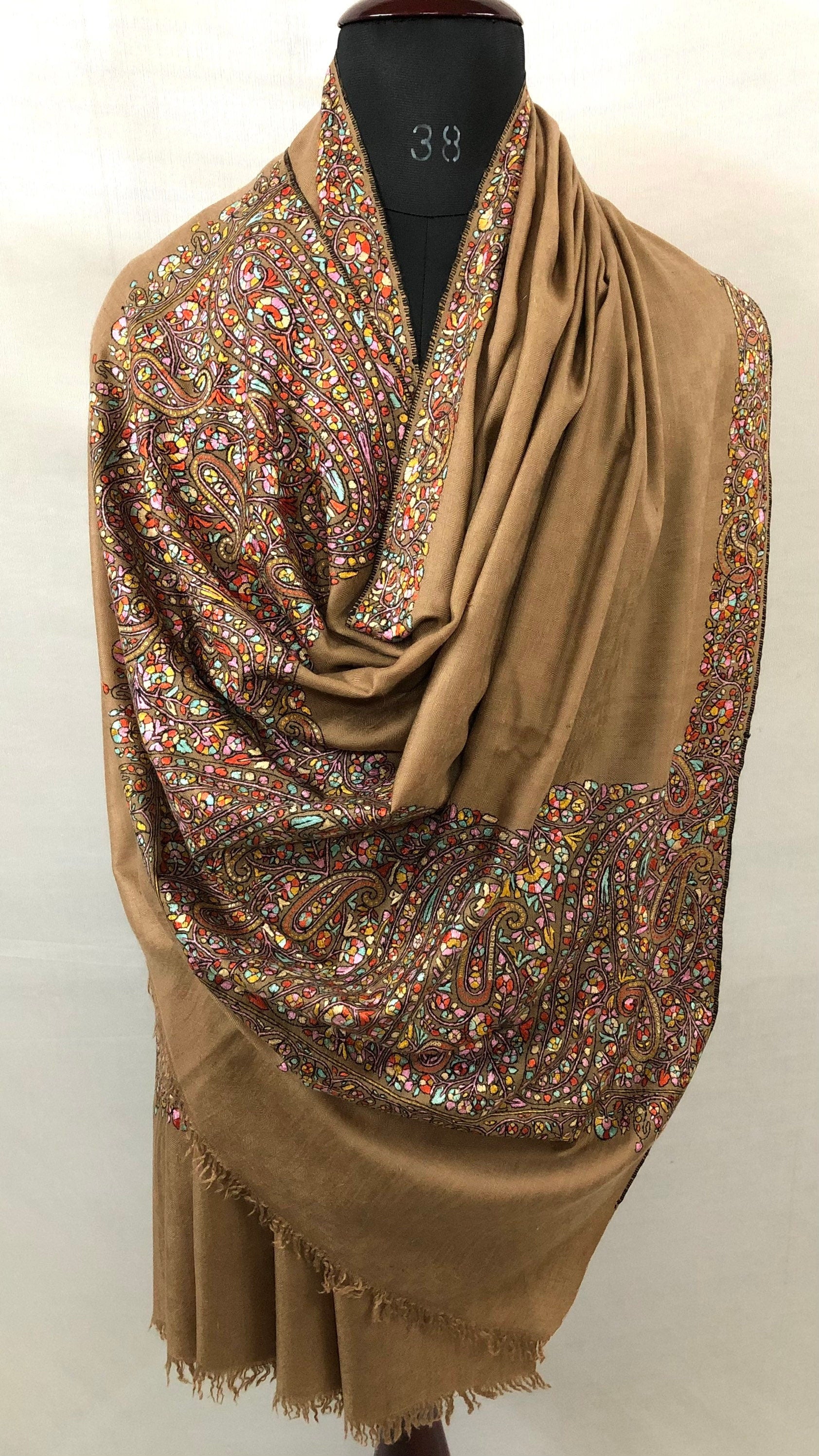 Exclusive Luxury Paisley Kani Kar Hand Embroidery Palla Tobacco Brown Handwoven Real Cashmere Pashmina Shawl - Mehraj Crafts 