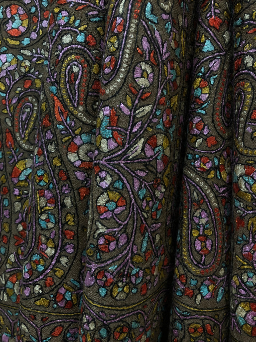 Exclusive Luxury Paisley Kani Kar Hand Embroidery Palla Tobacco Brown Handwoven Real Cashmere Pashmina Shawl - Mehraj Crafts 