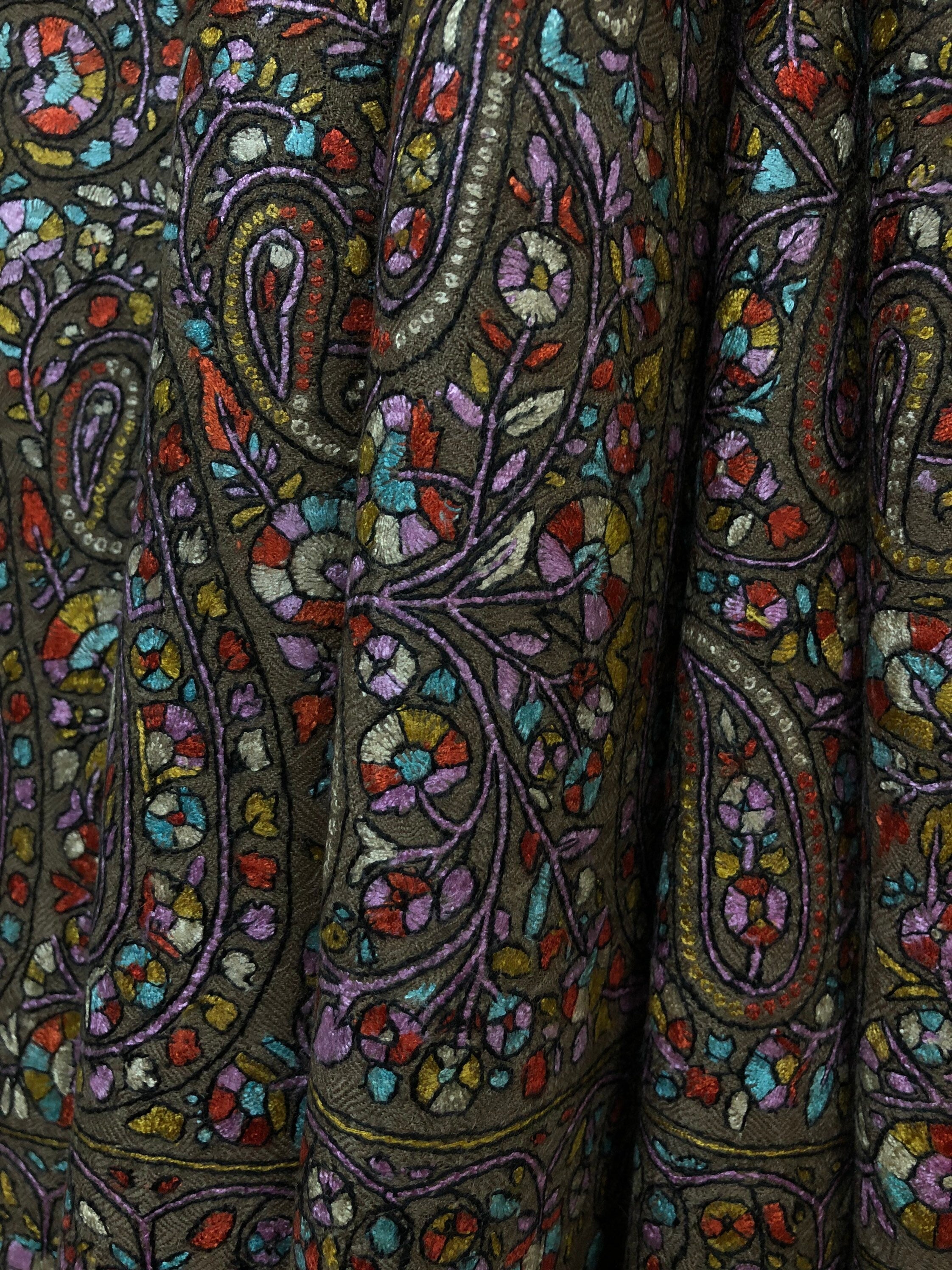 Exclusive Luxury Paisley Kani Kar Hand Embroidery Palla Tobacco Brown Handwoven Real Cashmere Pashmina Shawl - Mehraj Crafts 
