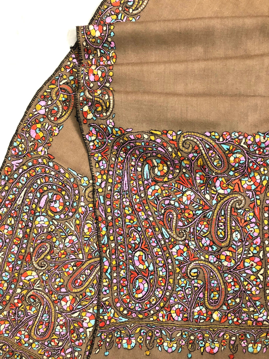 Exclusive Luxury Paisley Kani Kar Hand Embroidery Palla Tobacco Brown Handwoven Real Cashmere Pashmina Shawl - Mehraj Crafts 