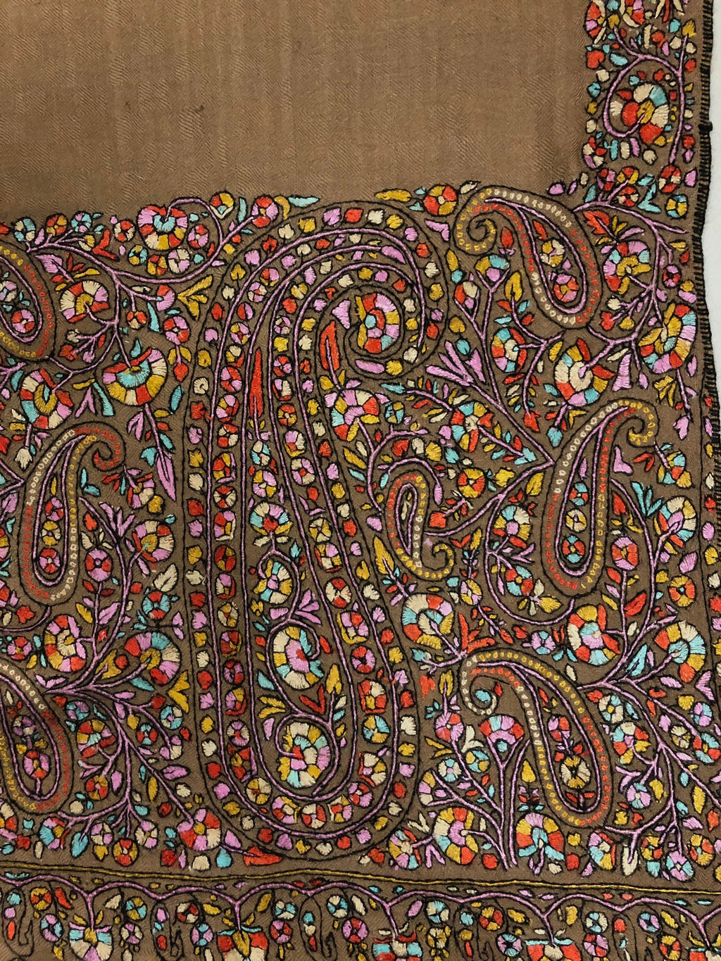 Exclusive Luxury Paisley Kani Kar Hand Embroidery Palla Tobacco Brown Handwoven Real Cashmere Pashmina Shawl - Mehraj Crafts 