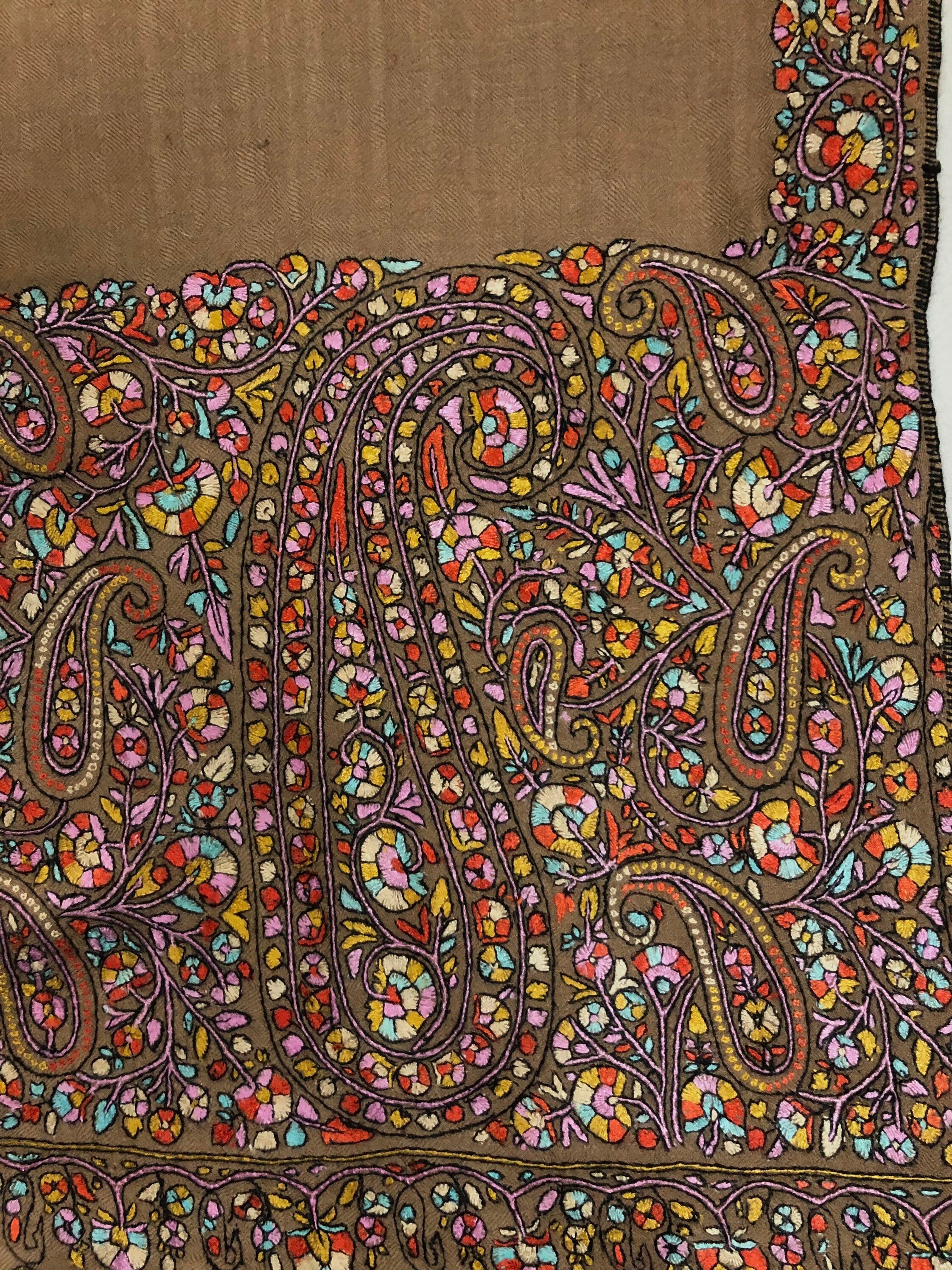 Exclusive Luxury Paisley Kani Kar Hand Embroidery Palla Tobacco Brown Handwoven Real Cashmere Pashmina Shawl - Mehraj Crafts 