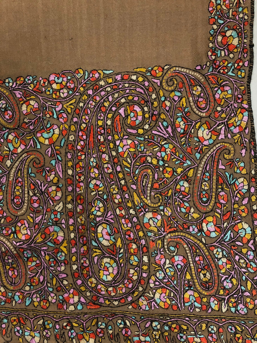 Handwoven Cashmere Pashmina Shawl: Paisley Kani Embroidery, Tobacco Brown | 100 x 200 cms