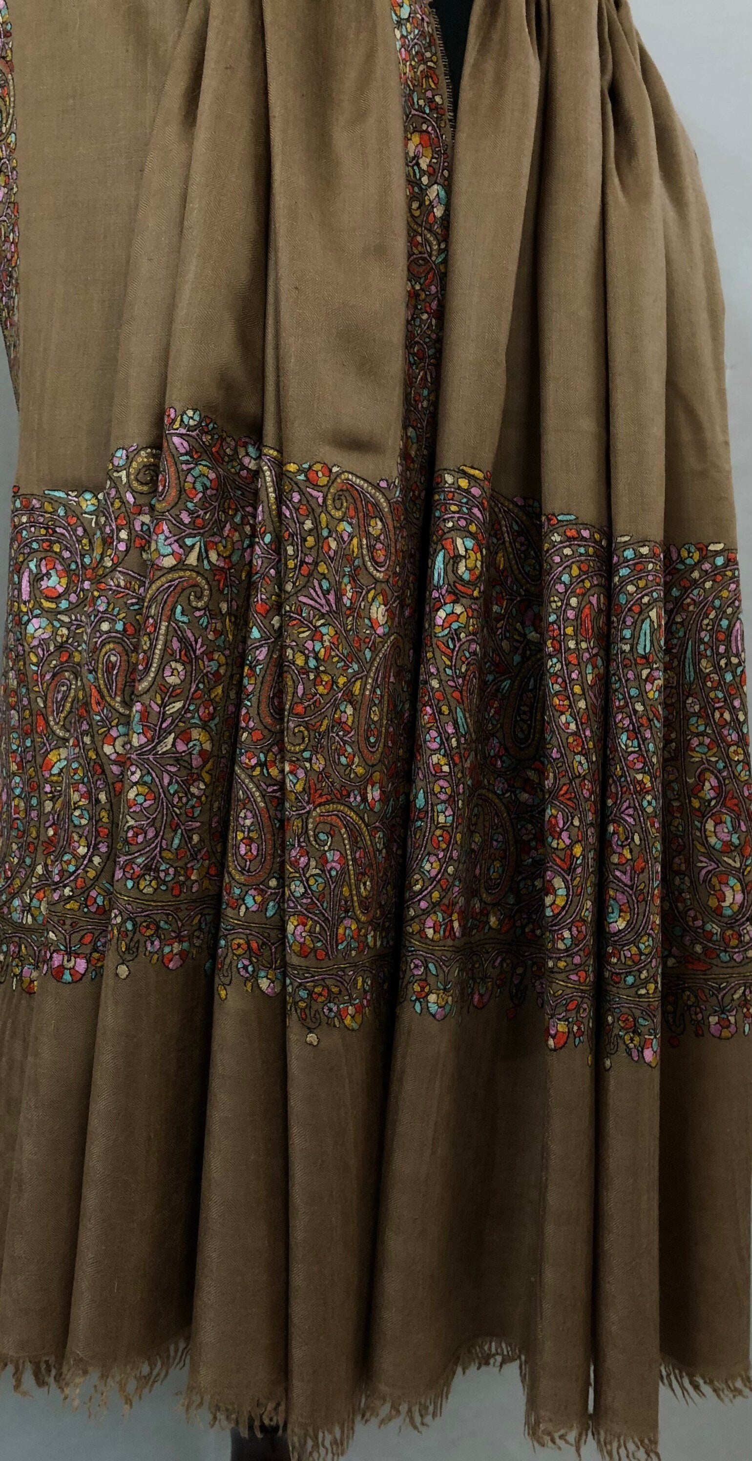 Exclusive Luxury Paisley Kani Kar Hand Embroidery Palla Tobacco Brown Handwoven Real Cashmere Pashmina Shawl - Mehraj Crafts 