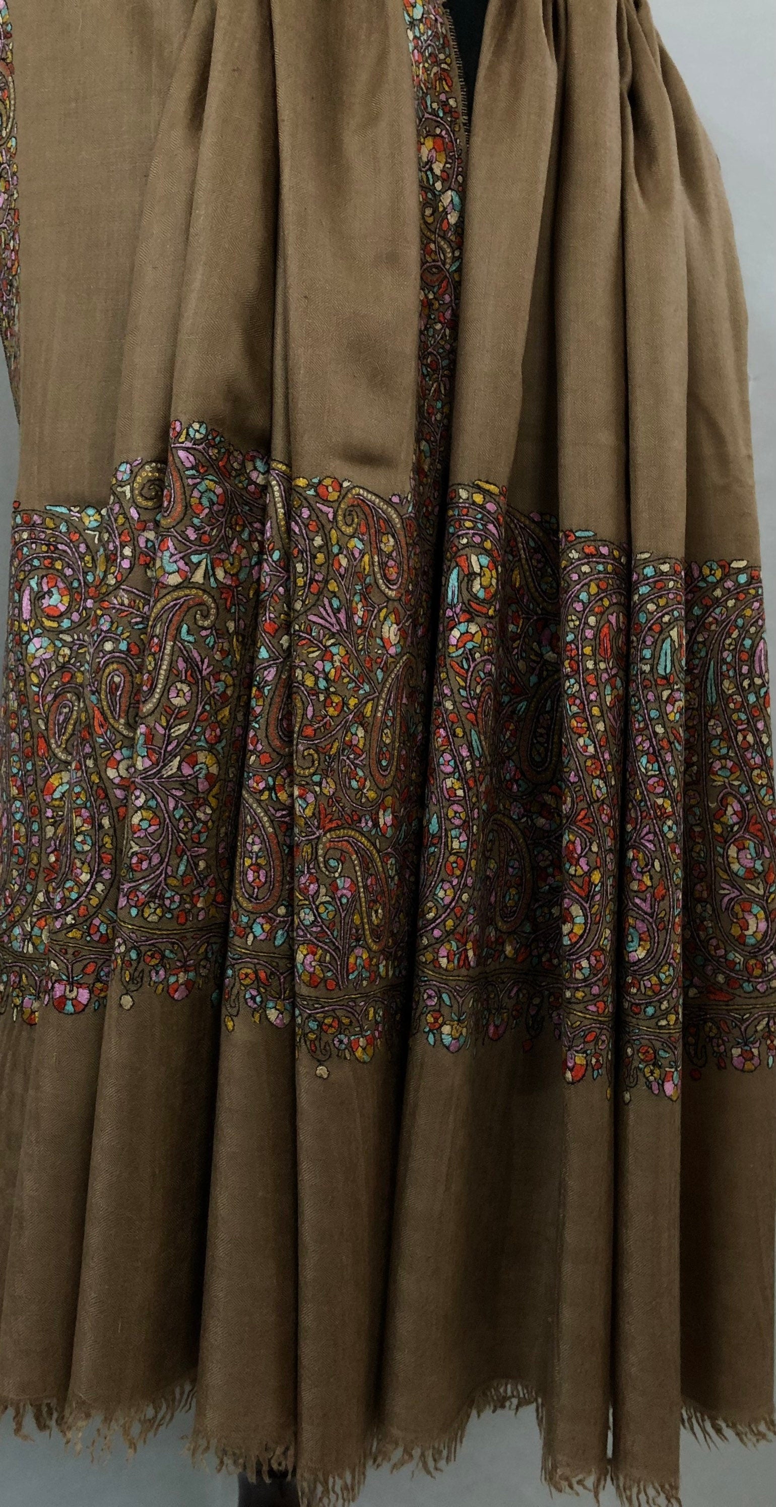 Handwoven Cashmere Pashmina Shawl: Paisley Kani Embroidery, Tobacco Brown | 100 x 200 cms